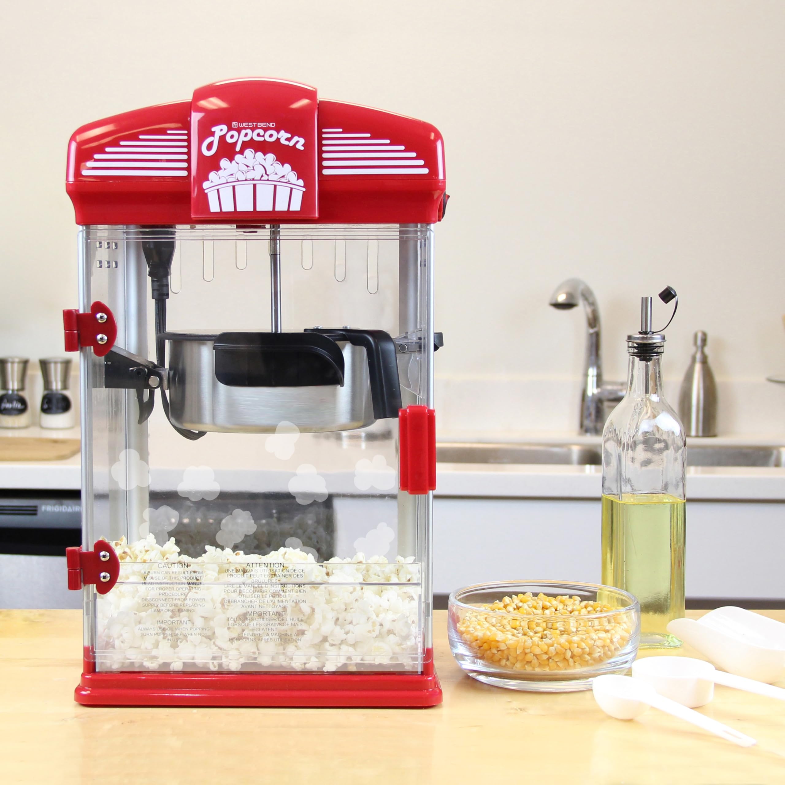 West Bend Stir Crazy Movie Theater Popcorn Popper, Gourmet Popcorn Maker Machine with Nonstick Popcorn Kettle, Measuring Tool and Popcorn Scoop for Popcorn Machine, 4-Qt., Red