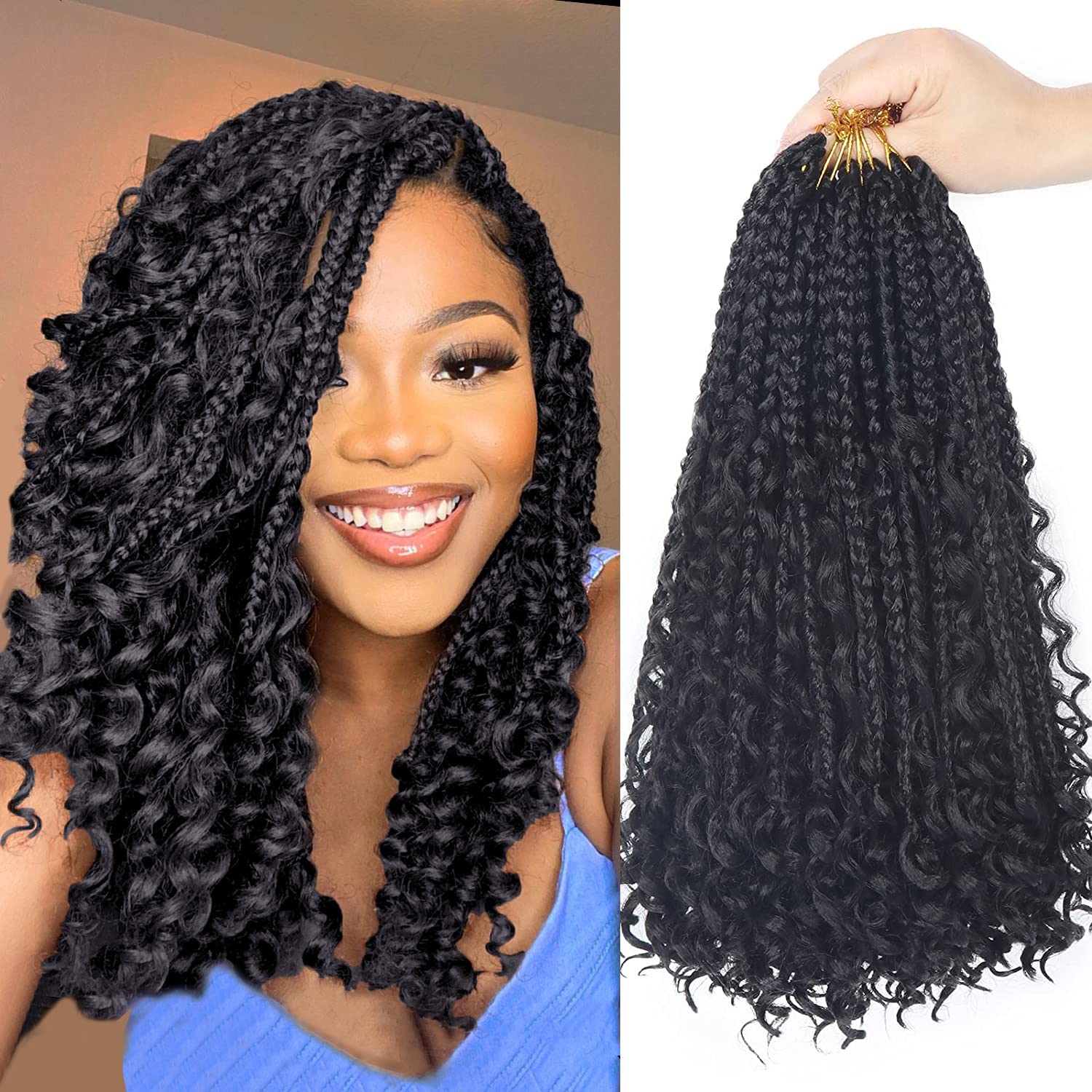 Goddess Bohemian Box Braids وصلات شعر كروشيه - أطراف مجعدة 14 بوصة، 8 حزم وصلات شعر صناعية مضفرة للنساء السوداوات (14 بوصة، 1B)