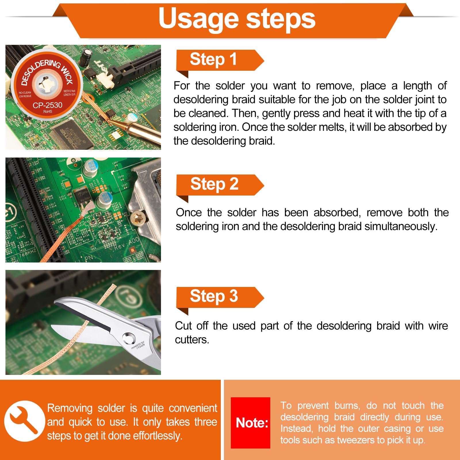 JoTownCand 3PCS Premium Desoldering Wick - 3 Sizes Solder Wick Braid (0.08", 0.1", 0.12" x 10FT) | No Clean Desoldering Braid & Solder Remover | Effortlessly Desolder Wick for PCB Repair & Electronics