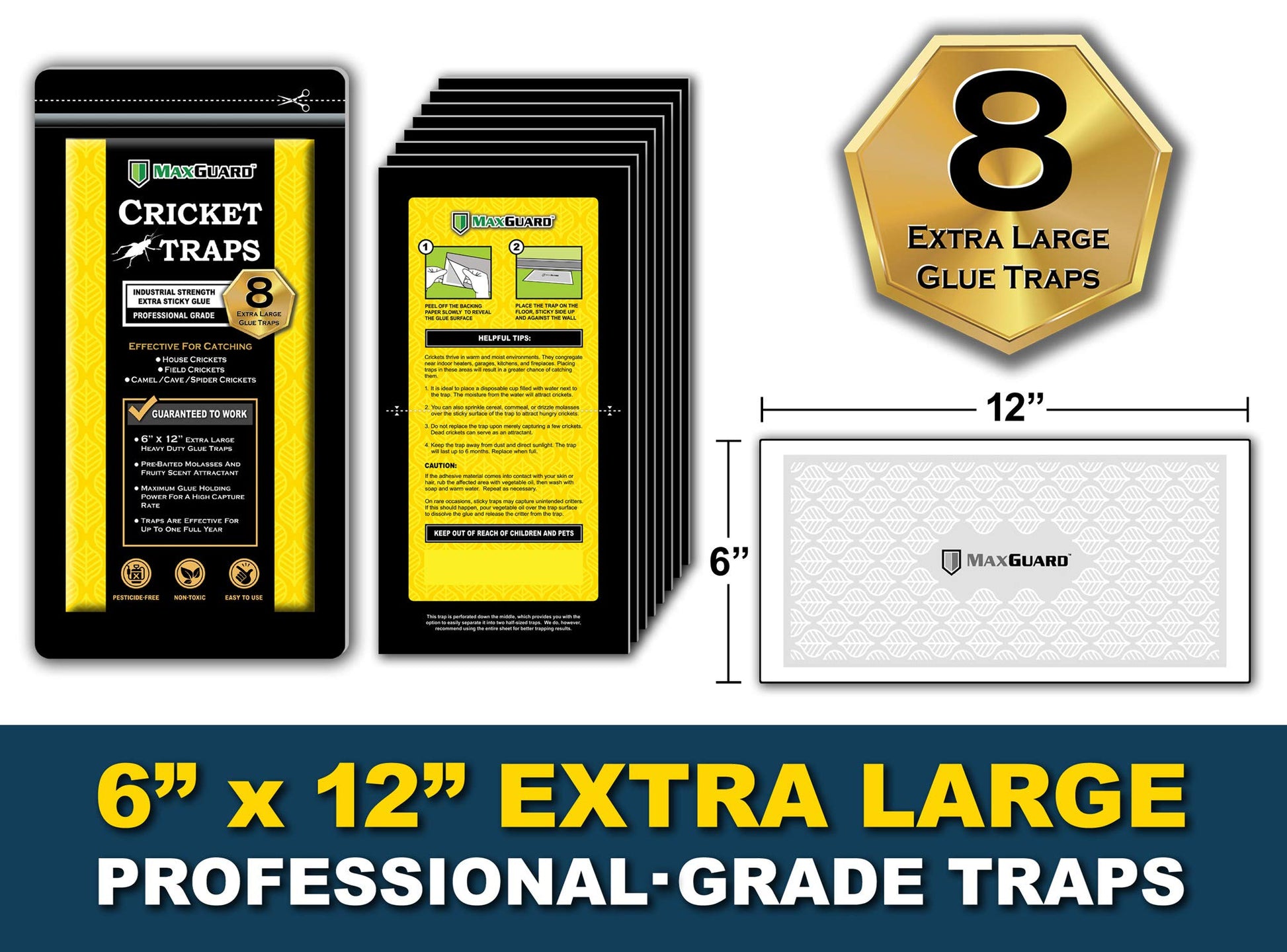 MaxGuard Extra Large Cricket Traps (8 Traps) | Non-Toxic Extra Sticky Glue Board Pre-Baited Cricket Attractant Trap & Kill House Crickets, Insects, Spiders, Bugs