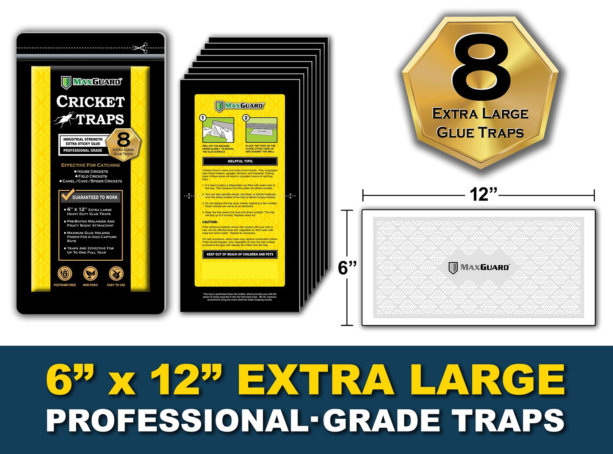 MaxGuard Extra Large Cricket Traps (8 Traps) | Non-Toxic Extra Sticky Glue Board Pre-Baited Cricket Attractant Trap & Kill House Crickets, Insects, Spiders, Bugs