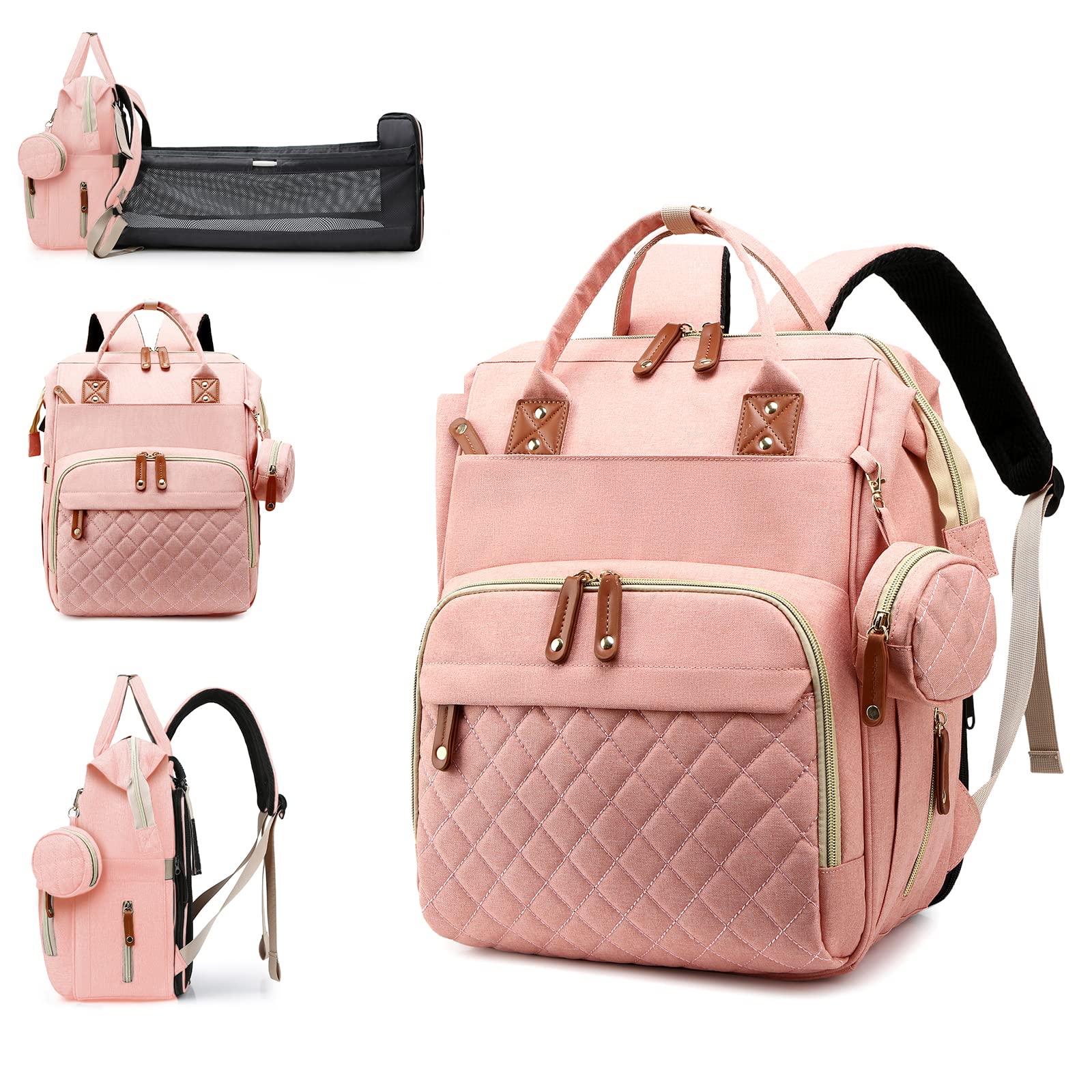 Wickeltasche mit Wickelstation, wasserdichter 3-in-1 Baby Wickelrucksack mit faltbarer Wickelunterlage, großer Reiserucksack für Baby Mädchen Jungen, Pfirsichrosa