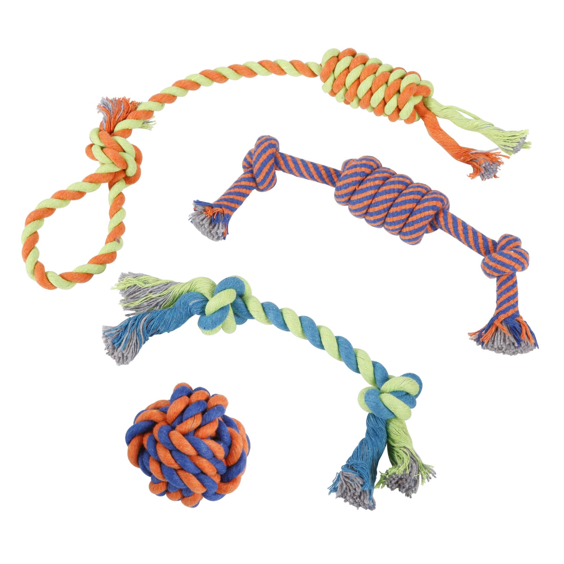 Dog Chew Rope Toys ÃƒÂ¢Ã‚Â€Ã‚Â“ Set Of 4 Ropes - For Large, Small Teething Pets ÃƒÂ¢Ã‚Â€Ã‚Â“ All Puppy Breeds Aggressive Chewers ÃƒÂ¢Ã‚Â€Ã‚Â“ 100% Cotton for Natural Floss ÃƒÂ¢Ã‚Â€Ã‚Â“ With Ball, Tough Teething Rope, Tug-Of-War & Fetching Bone