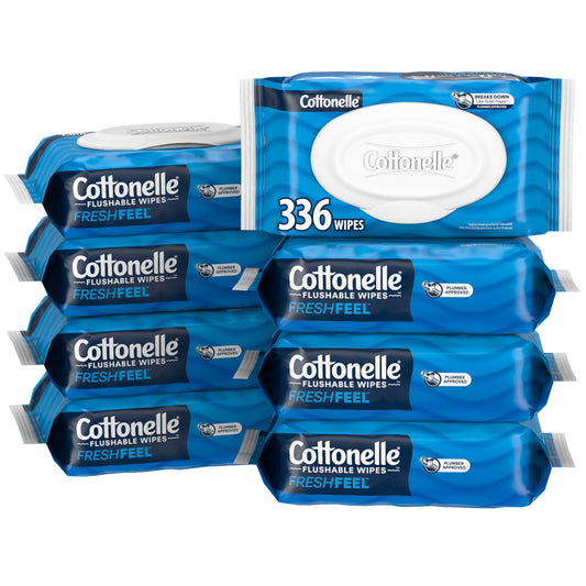 Cottonelle Fresh Feel Flushable Wet Wipes, Adult Wet Wipes, 8 Flip-Top Packs, 42 Wipes Per Pack (336 Total Wipes), Packaging May Vary