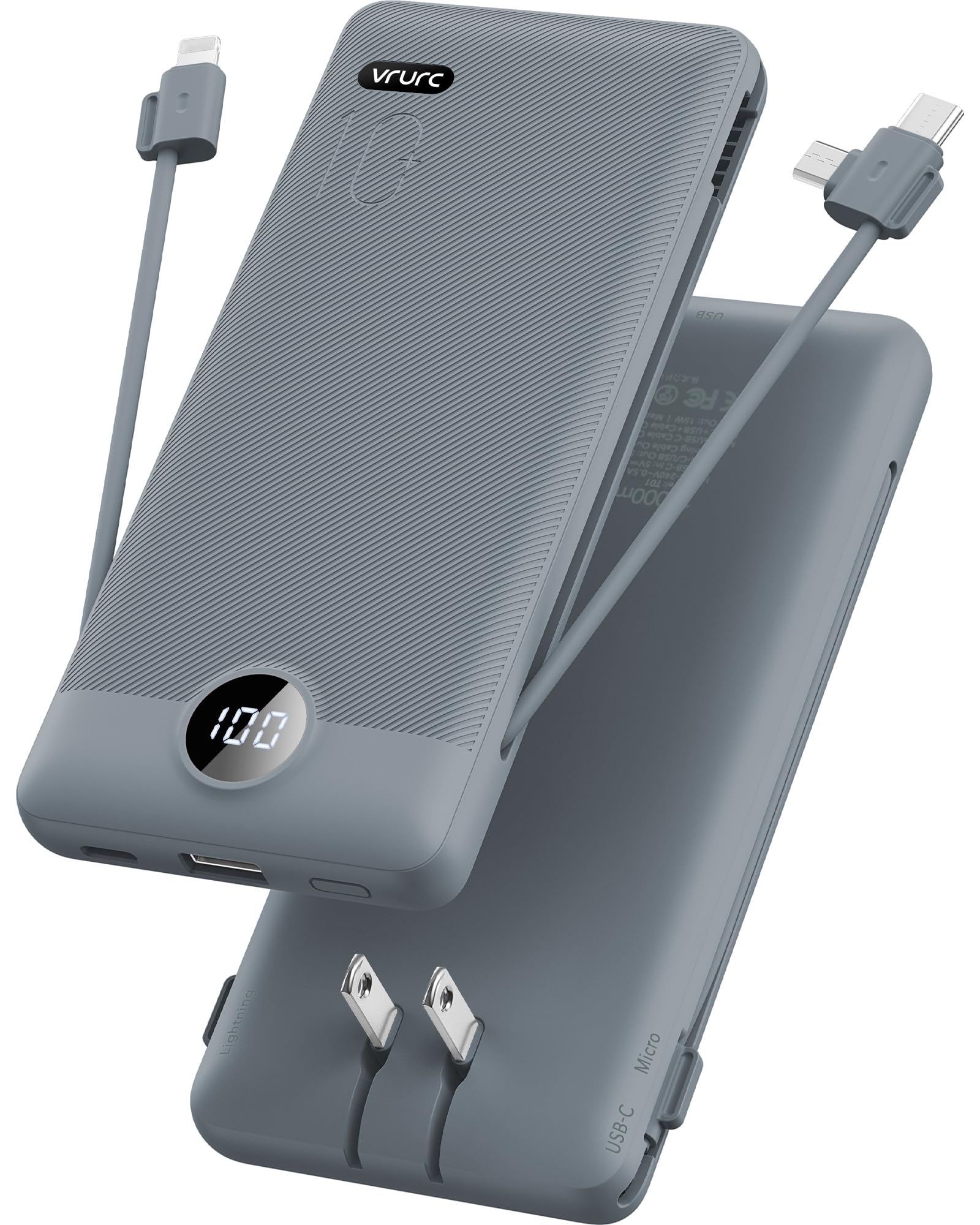 VRURC Portable Charger Built-in Cables and AC Wall Plug, USB C Power Bank 10000mAh, [2023 Upgraded Version] Phone Charger Compact Lightweight External Battery Pack for Smart Phones, Tablets etc-Red