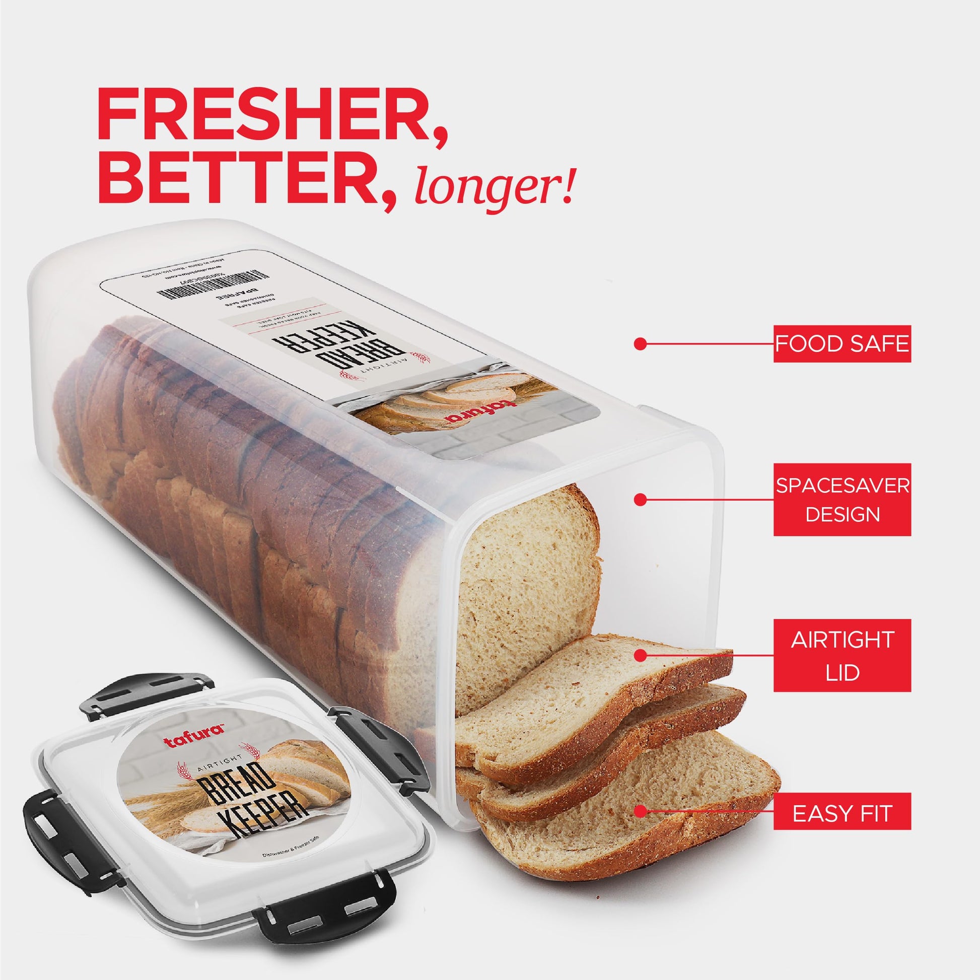 Tafura Bread Container - 5.8 Liter BPA Free Plastic Bread Box - Container/Holder for Homemade Loaves and Baked Goods with Black Airtight Lid