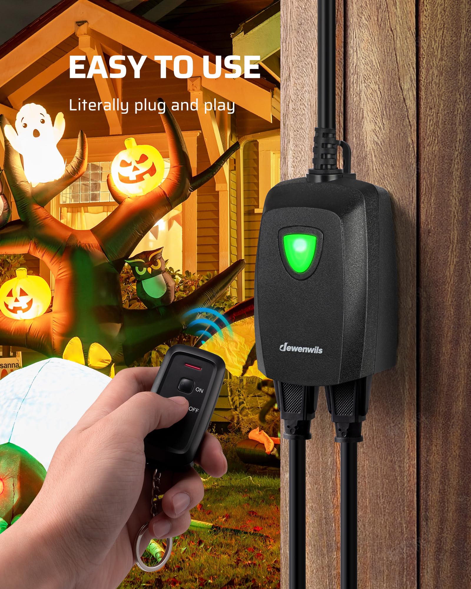 DEWENWILS Outdoor Wireless Remote Control Outlet Power Strip Weatherproof, Expandable Indoor Outdoor Electrical Plug in Light Switch, 15 A, 7-Inch Extension Cord, 100 FT Range, ETL Listed