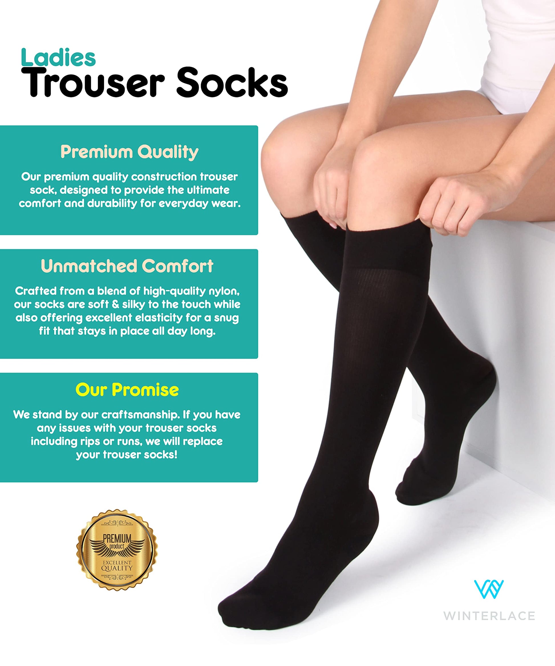 Women’s Trouser Socks, Opaque Stretchy Nylon Knee High, Black, 6 Pairs