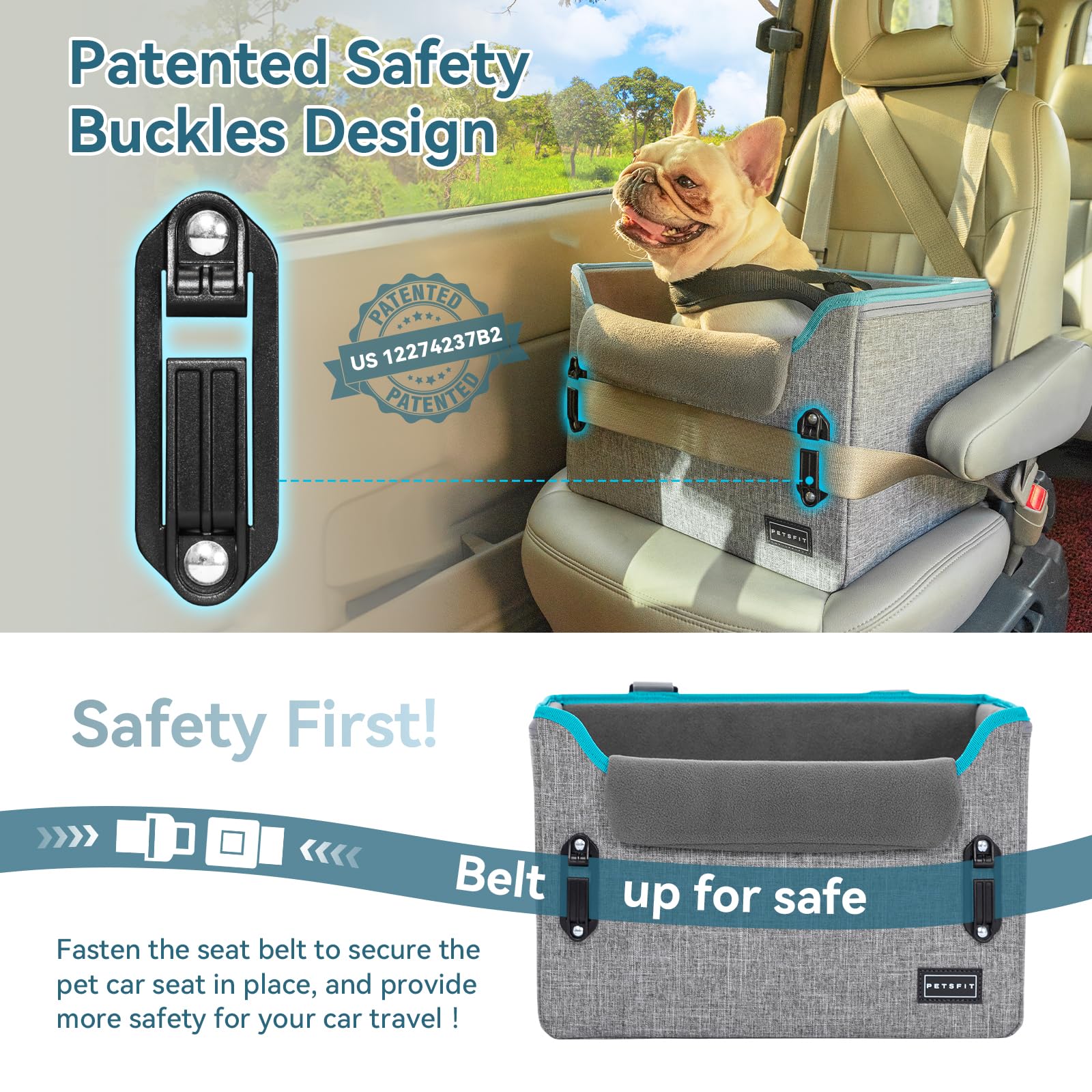 PETSFIT Dog Car Seats for Small Dogs, Patent Safety Buckles Dog Booster Car Seat, Dog Carseat with Safety Belt, Suitable for Small Pets Up to 25lbs (Grey)