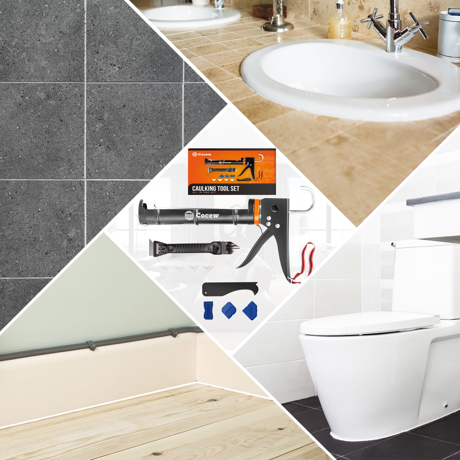 Cocew Caulk Gun Kit, Smooth Silicone Caulking Gun and Caulk Remover Tool, Sealant Finishing Tool Grout Scraper for Kitchen Bathroom Window Sink Joint, All in One with Gift Box