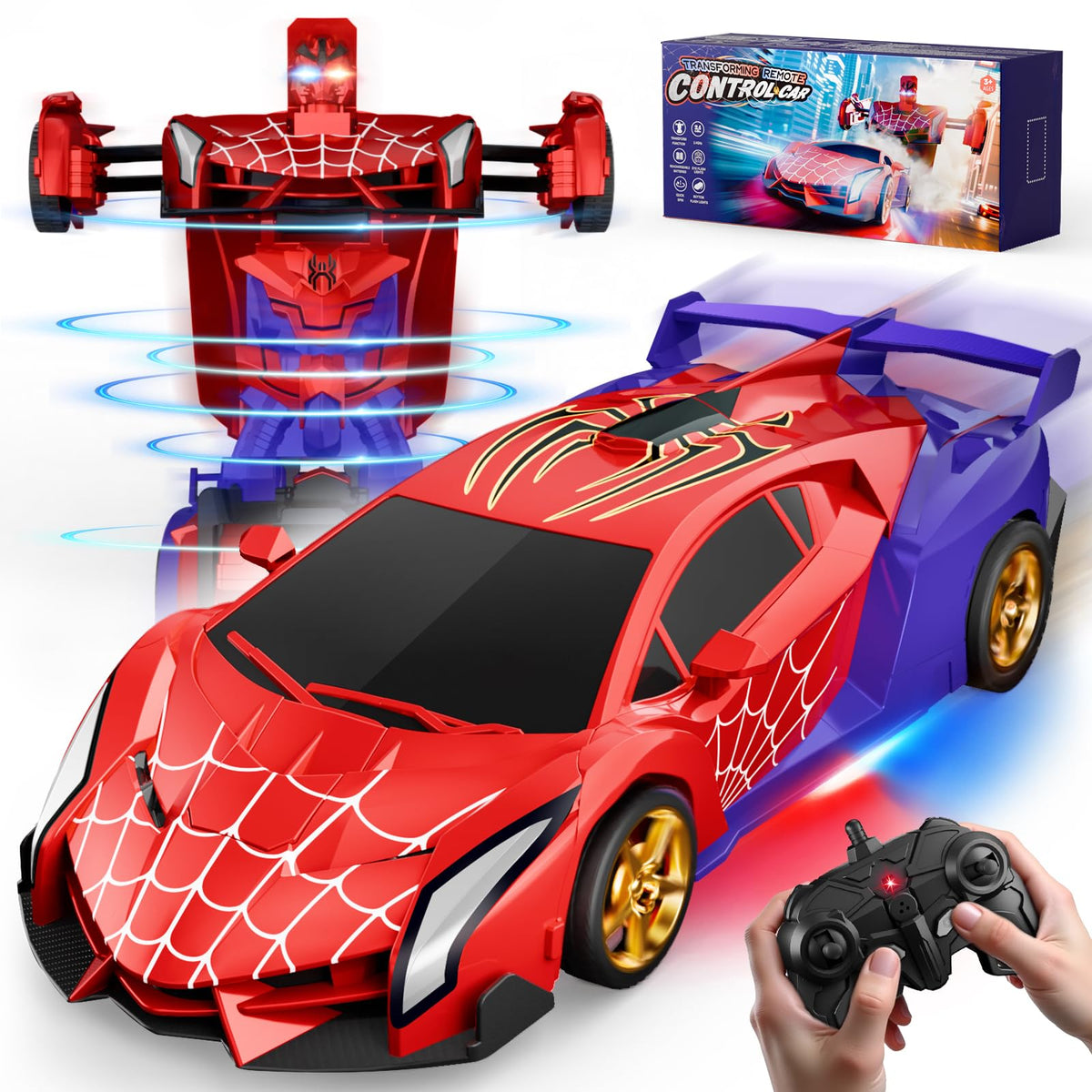 Spider Transform RC Cars Toys with Eye & Underbody Lights, 2.4GHz Remote Control Car One-Button Deformation, Fast 360 degreesRotation Robot Toys Birthday Gifts for 3 4 5 6 7 8 9 10 Year Old Boys Age 4-7 8-12