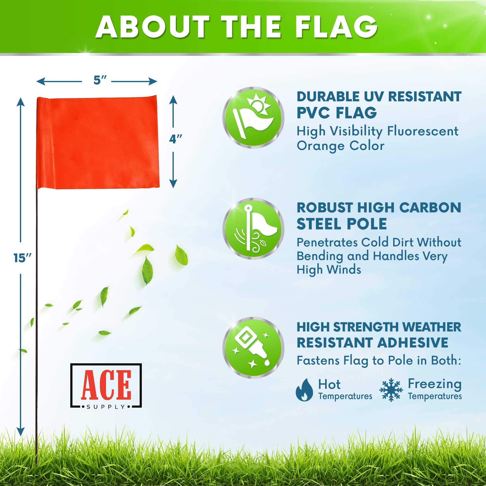 Fluorescent Orange Yard Marking Flags - 4x5x15 Inch Marker Flags - 50 Pack - Markers For Lawn, Irrigation, Landscaping, Survey & Sprinkler Head Marking
