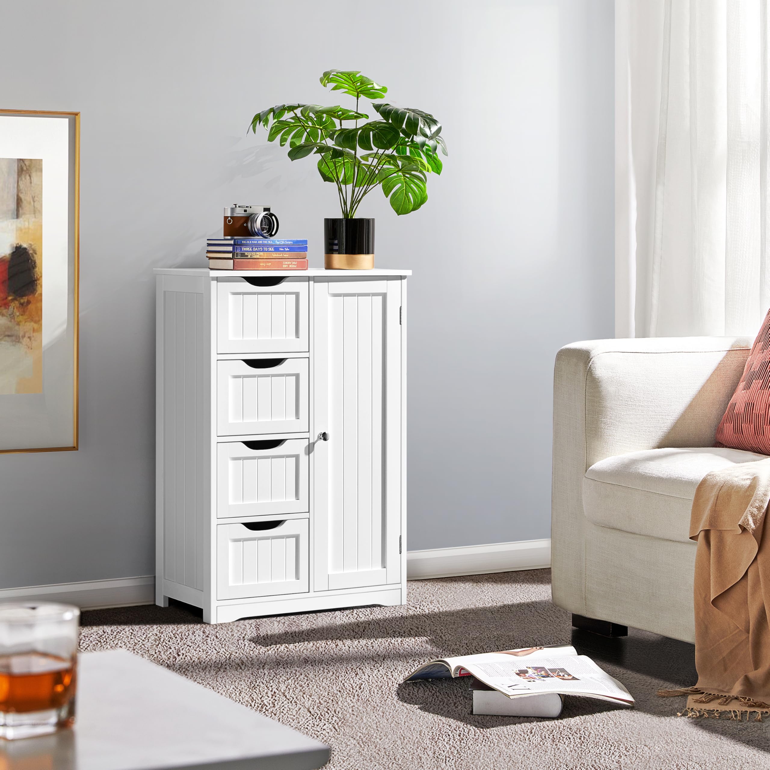 Yaheetech Wooden Floor Cabinet, Side Storage Organizer with 4 Drawers and 1 Cupboard, Freestanding Entryway Storage Unit Console Table, Bathroom Furniture Home Decor, White