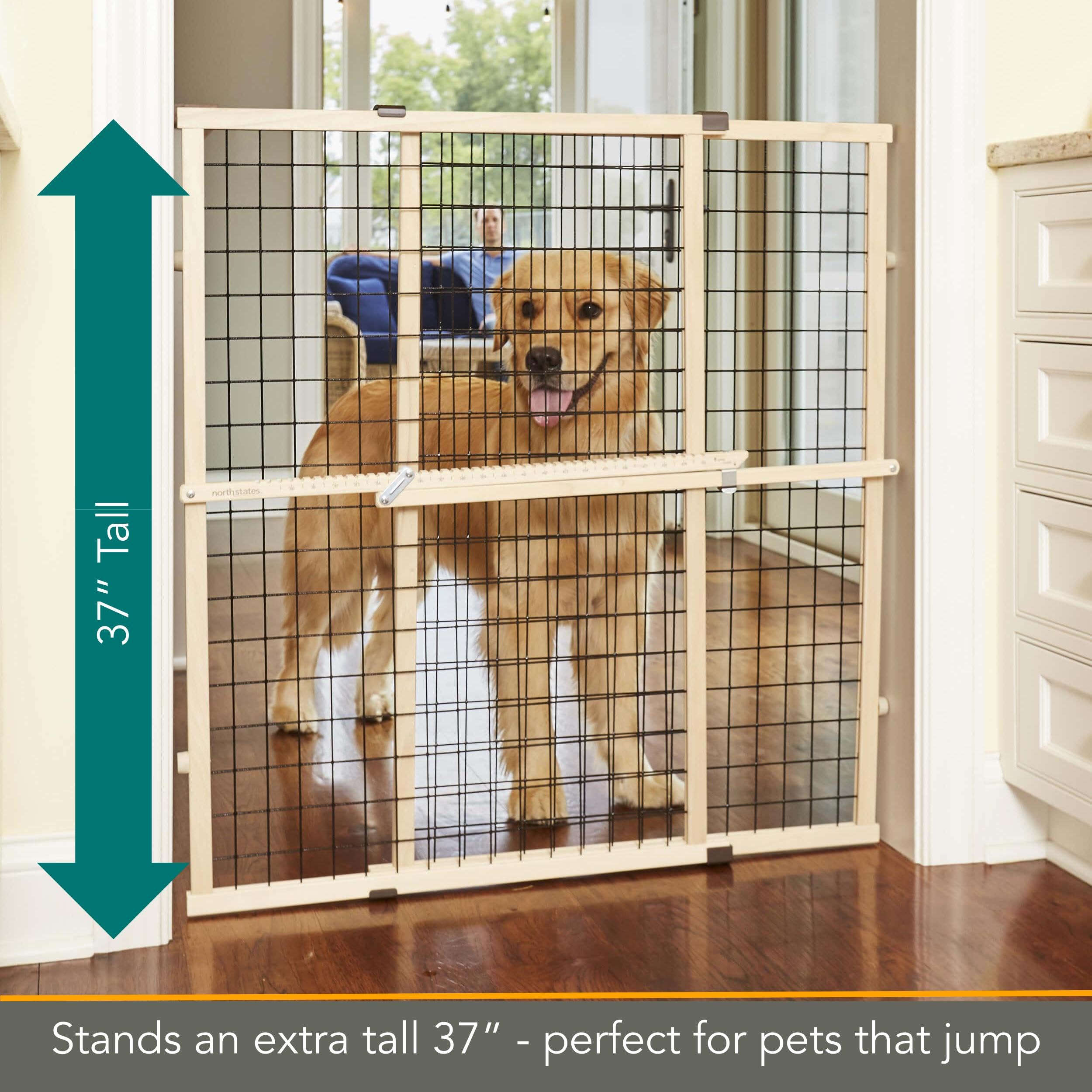 MYPET North States Wire Mesh Dog Gate: 29.5-48" Wide. Pressure Mount. No Tools Needed. Made in USA. Dog Gate 37" Tall, Expandable, Durable Dog Gates for Doorways, Sustainable Hardwood, Natural Finish