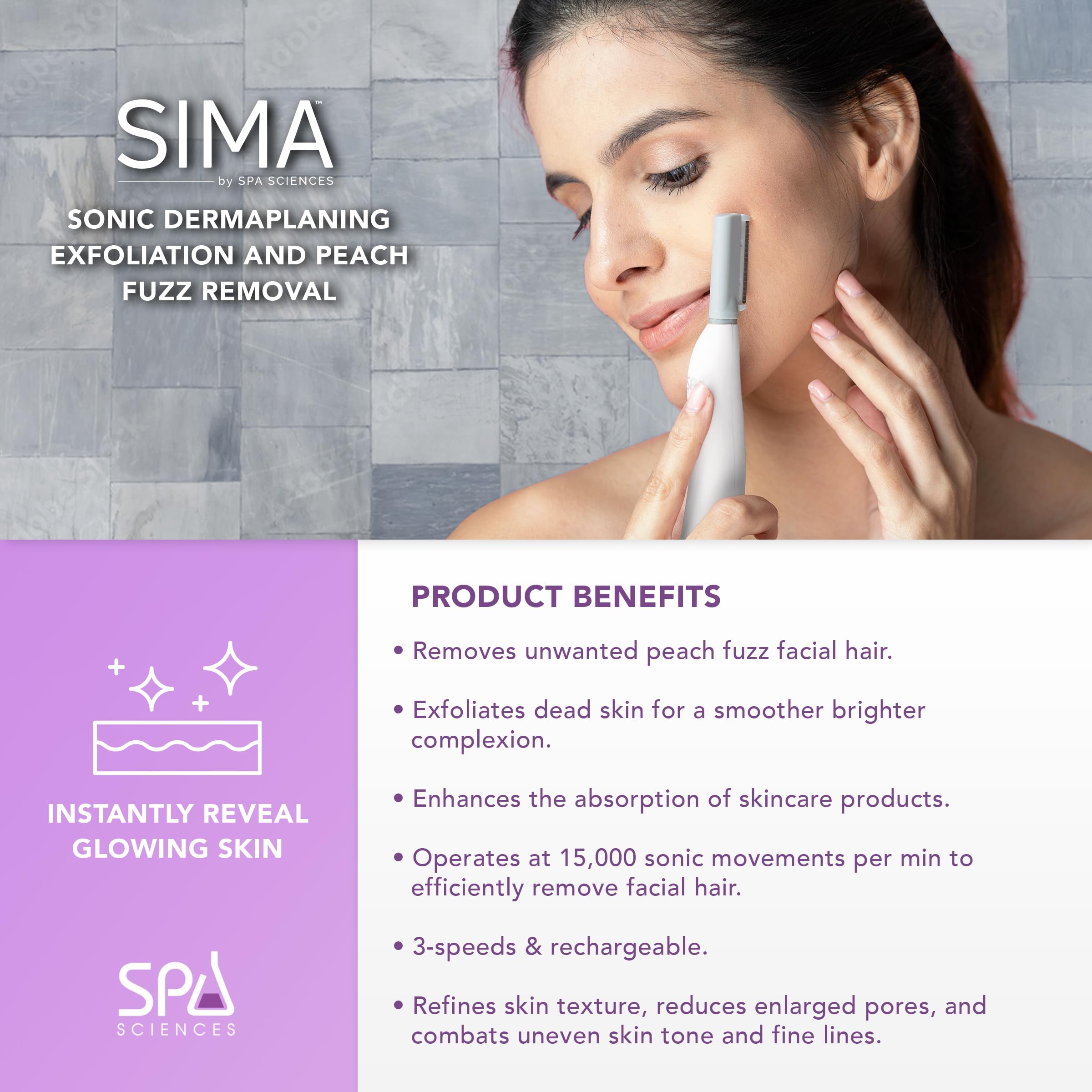 SPA SCIENCES - SIMA Dermaplaning Tool - Patented Painless 2 in 1 Facial Exfoliation & Peach Fuzz-Hair Removal System w/ 7 Weeks Treatment Included - Anti-Aging – 3 Speeds - Rechargeable