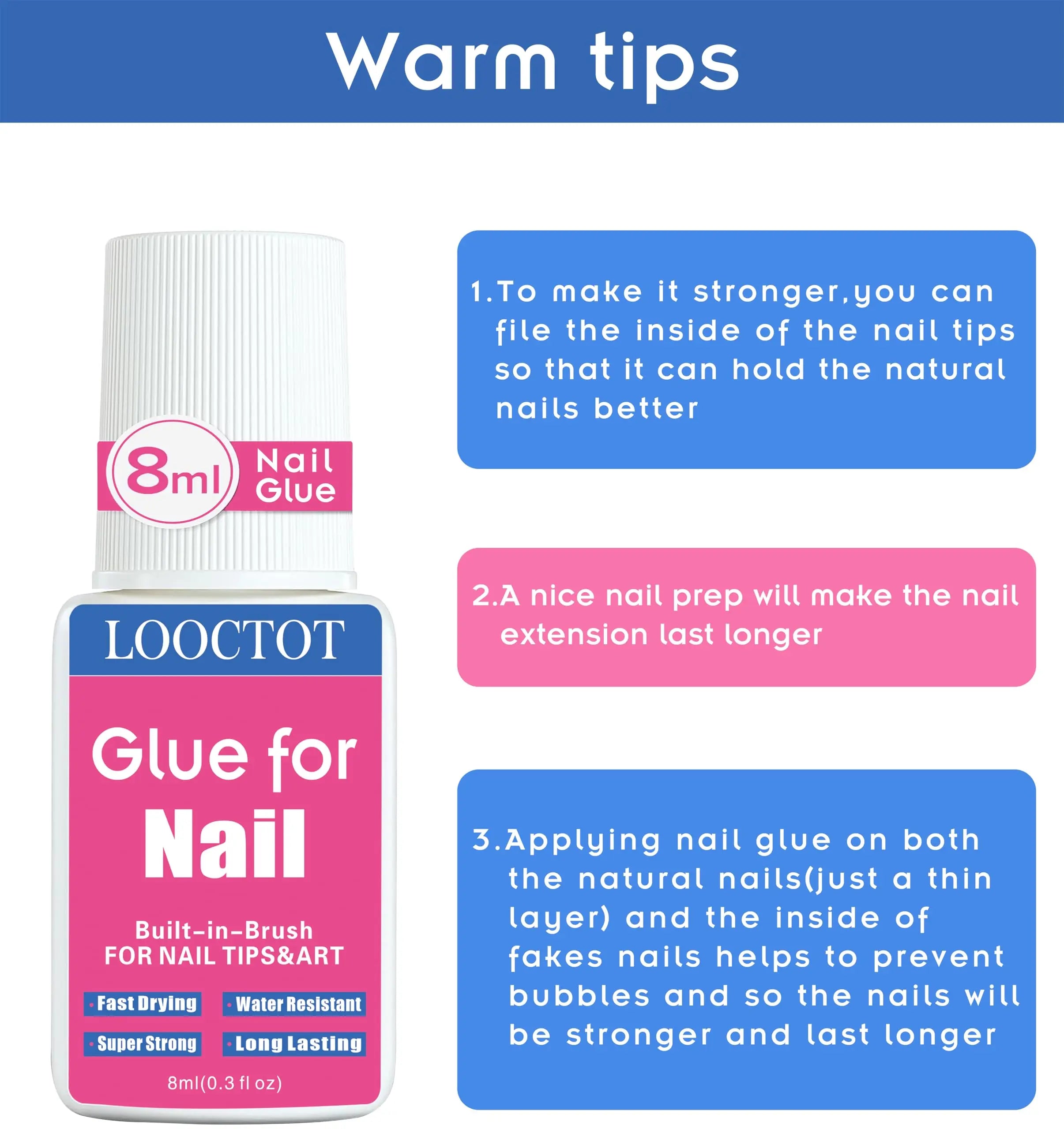 Super Strong Nail Glue for Nail Tips,Acrylic Nails and Press on Nails,Built in Brush on Nail Glue for Press on Nails,Long Lasting Nail Cement(8ml*2)
