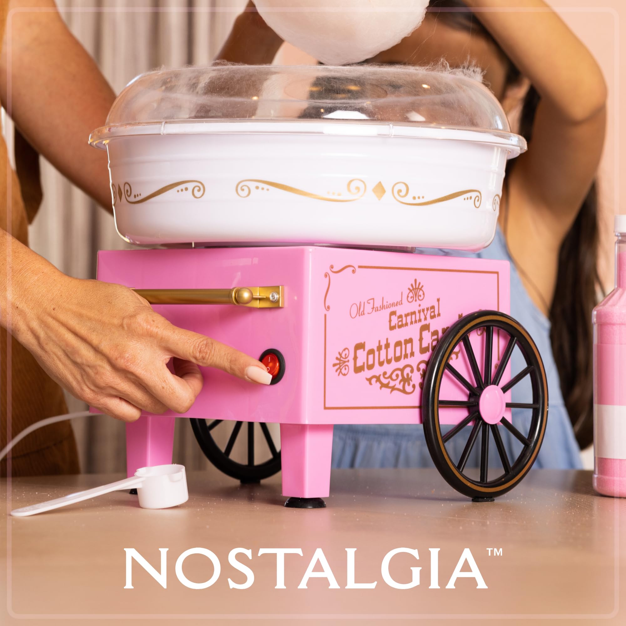 Nostalgia Vintage Hard and Sugar Free Candy Countertop Cotton Candy Maker, Includes 2 Reusable Cones And Sugar Scoop – Pink