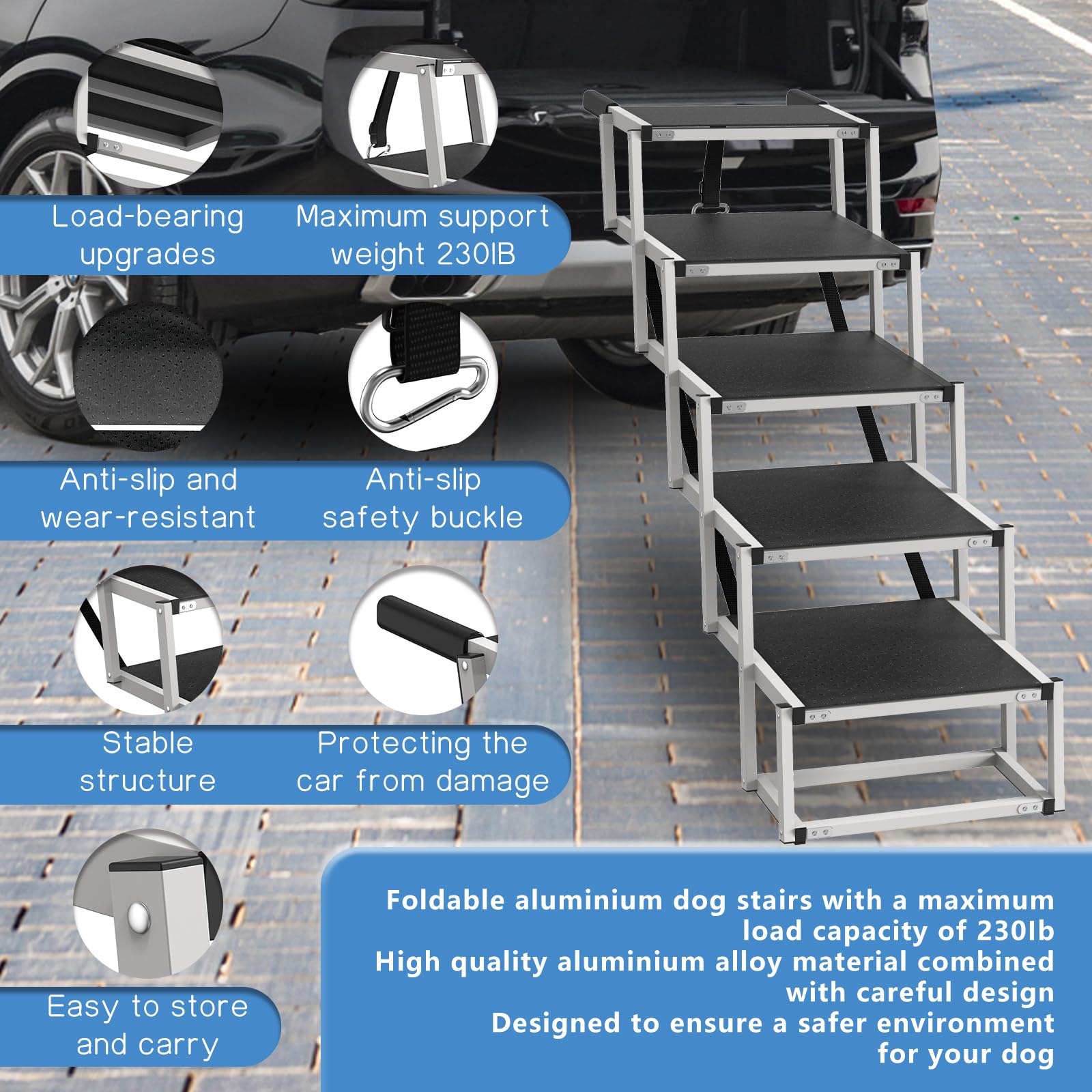 Deergym Dog Stairs for Large Dogs - 5 Step Foldable Dog Ramp for Car Non-Slip Surface Support up to 230lbs - Suitable for SUV,Truck, Sofas, Bed