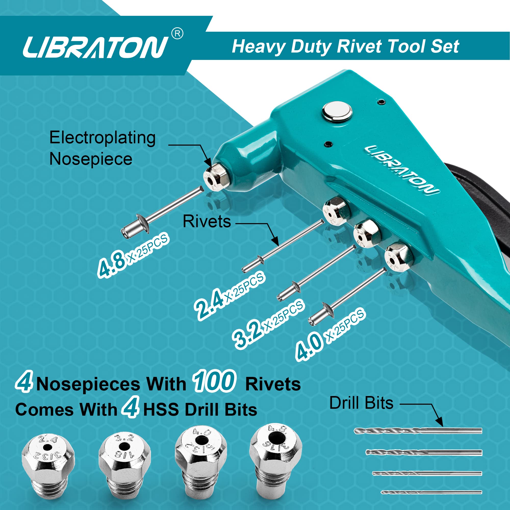 Libraton Heavy Duty Rivet Gun, Pop Rivet Gun Set, Professional Hand Riveter, Manual Riveting Tool with 110Pcs Rivets and 4 Interchangeable Heads, for Metal, Wood and Plastic