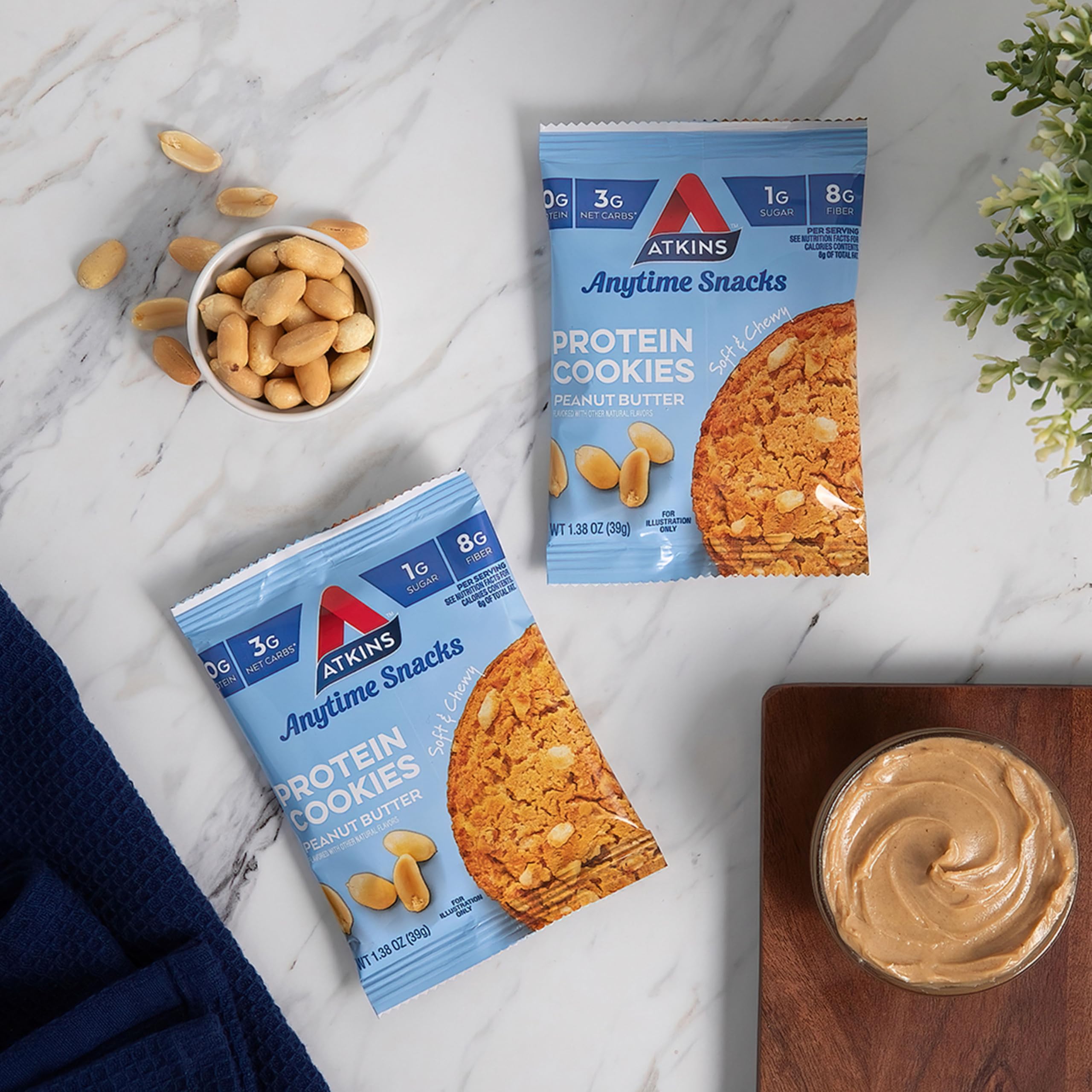 Atkins Peanut Butter Protein Cookie, Protein Dessert, Rich in Fiber, 3g Net Carb, 1g Sugar, Keto Friendly, 4 Count