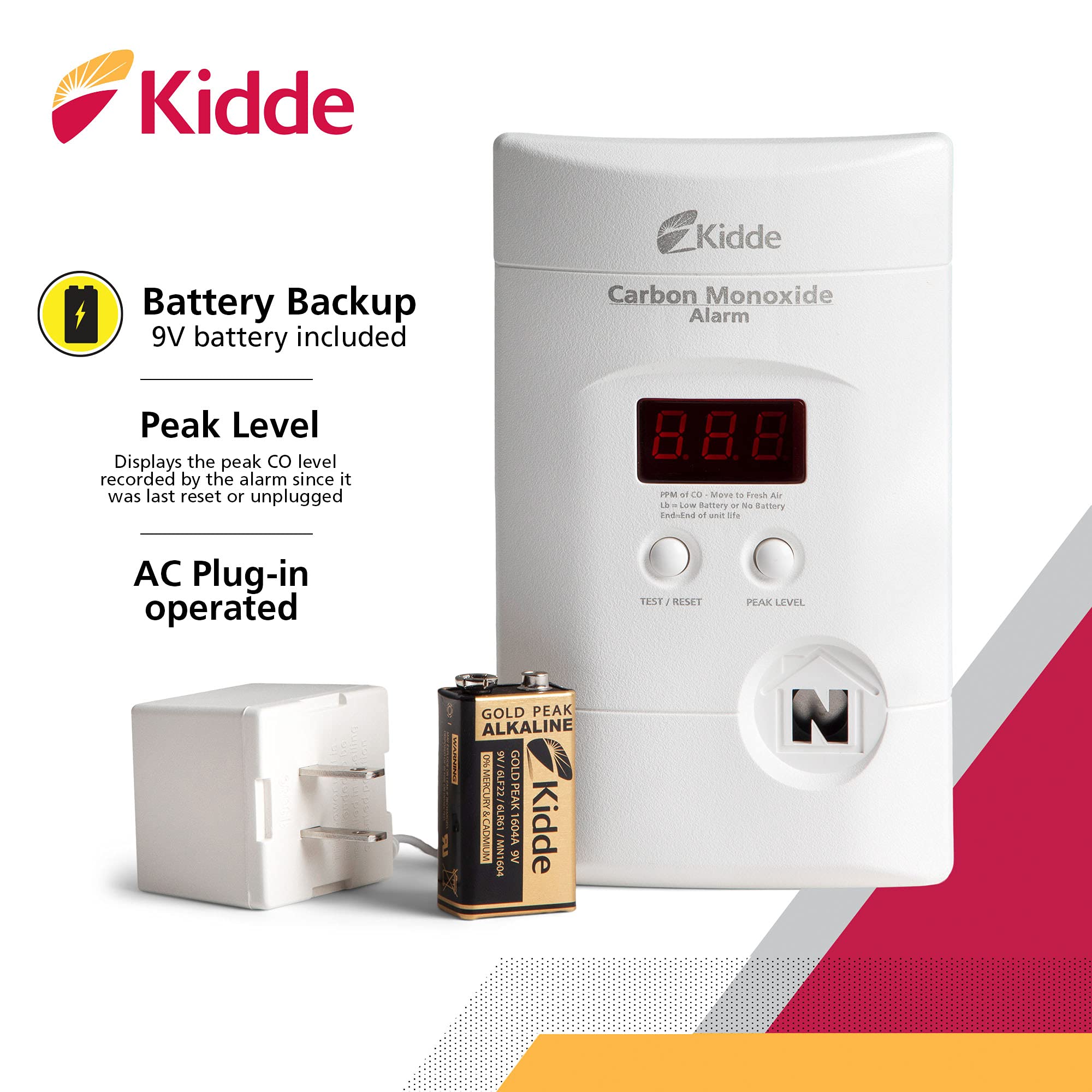 Kidde Carbon Monoxide Detector, Plug In Wall with 9-Volt Battery Backup, Digital LED Display