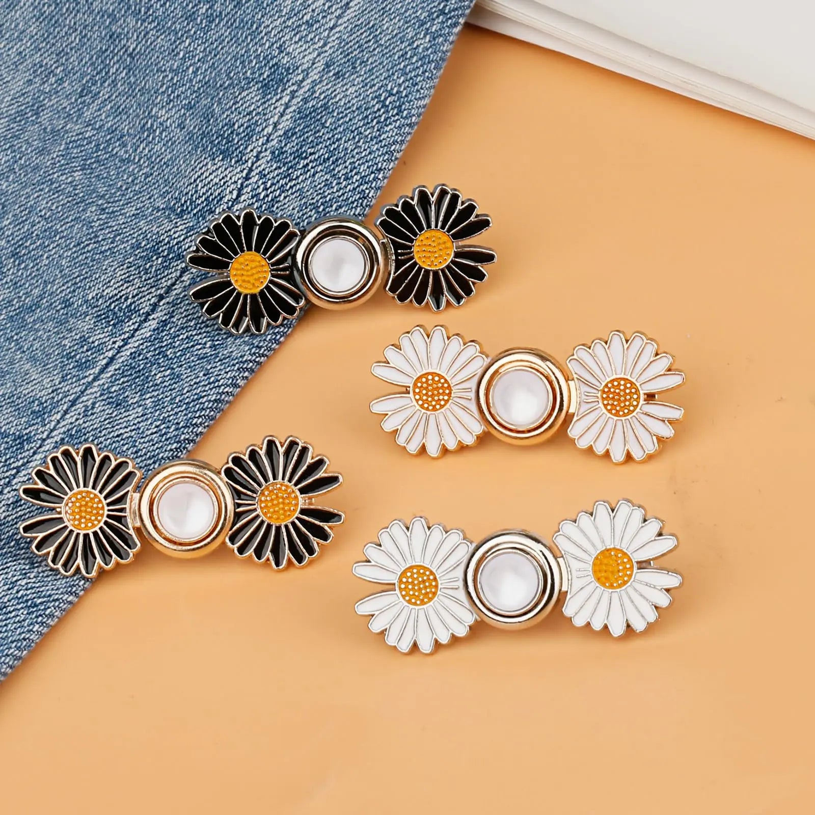 TOOVREN Pant Waist Tightener, Detachable Jean Buttons for Loose Jeans, No Sew and No Tools Button Pins for Jeans, Adjustable Jean Buttons Pins, Daisy Flower Instant Pants Button Tightener 4 Sets