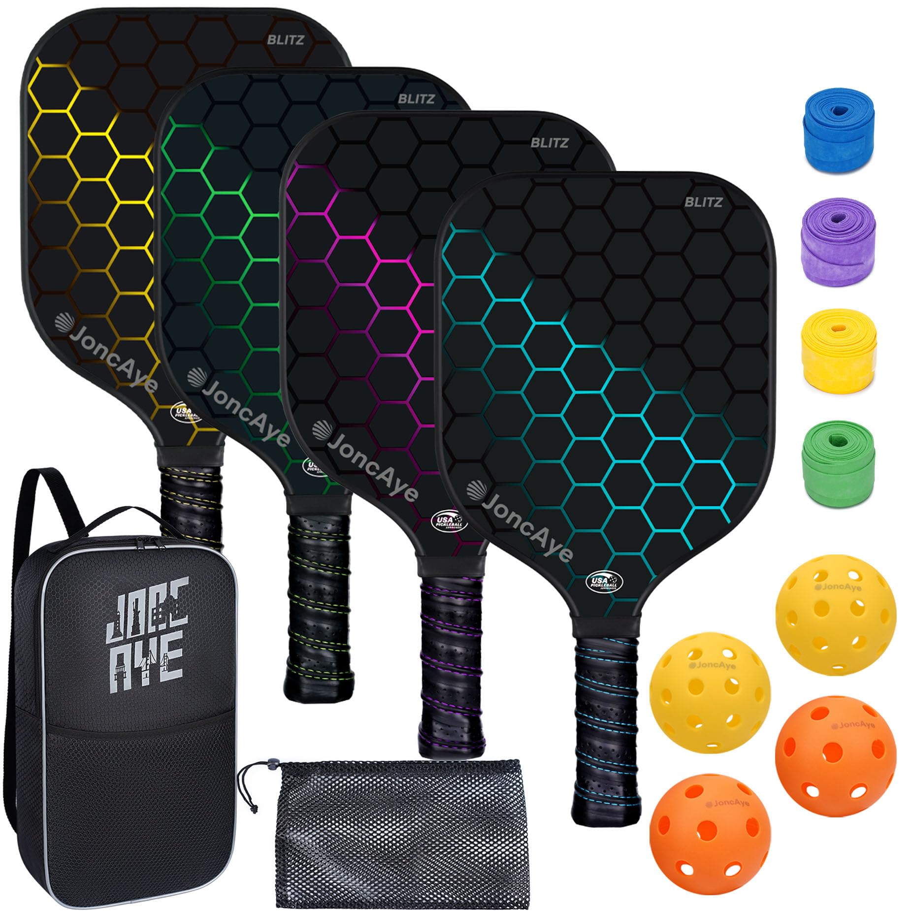 JoncAye Pickleball Racket Set with 2 Fiberglass Paddles and 4 Pickle-Ball Balls, 1 Paddle Bag |USAPA Approved Pickleball Racquets for Adults, Kids, Pickleball Gear w/Accessories