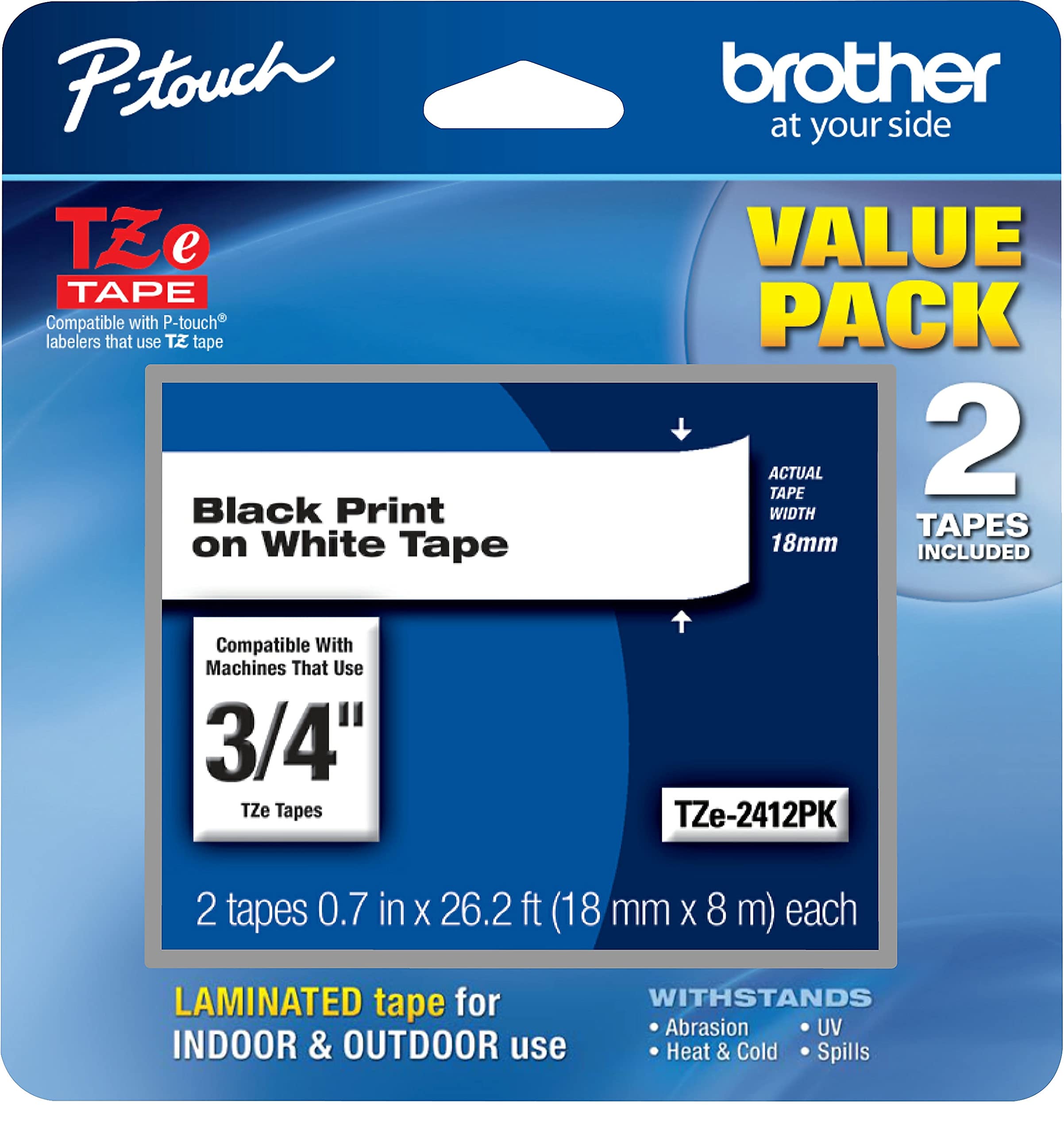 Brother Genuine P-Touch TZE-241 Tape, 3/4" (0.70") Standard Laminated P-Touch Tape, Black on White, Perfect for Indoor or Outdoor Use, Water Resistant, 26.2 Feet (8M), Single-Pack