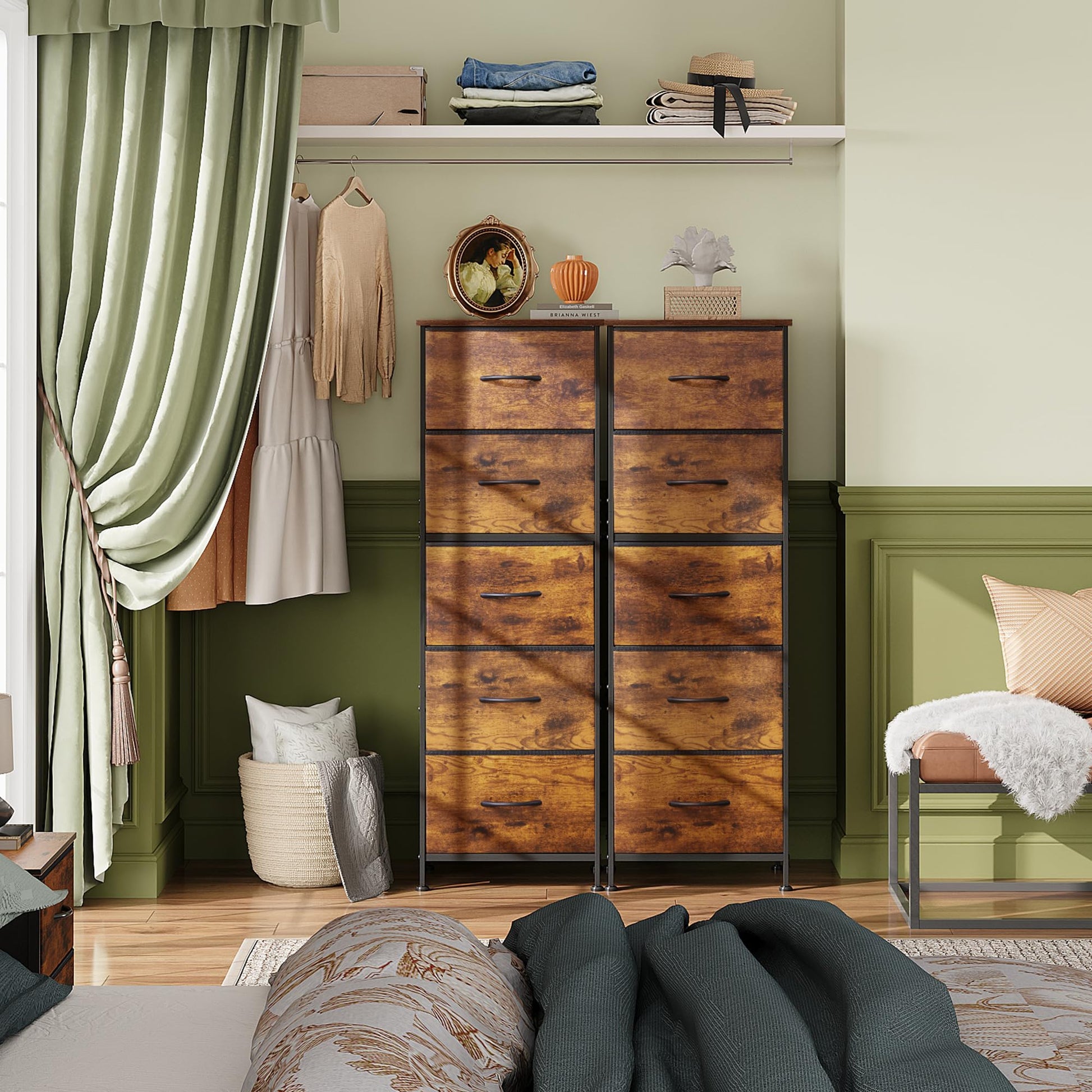 WLIVE Fabric Dresser, 5-Drawer Tall Dresser for Bedroom, Storage Organizer with Fabric Bins, Wood Top, Sturdy Steel Frame, Chest of Drawers for Closet, Hallway, Rustic Brown Wood Grain Print