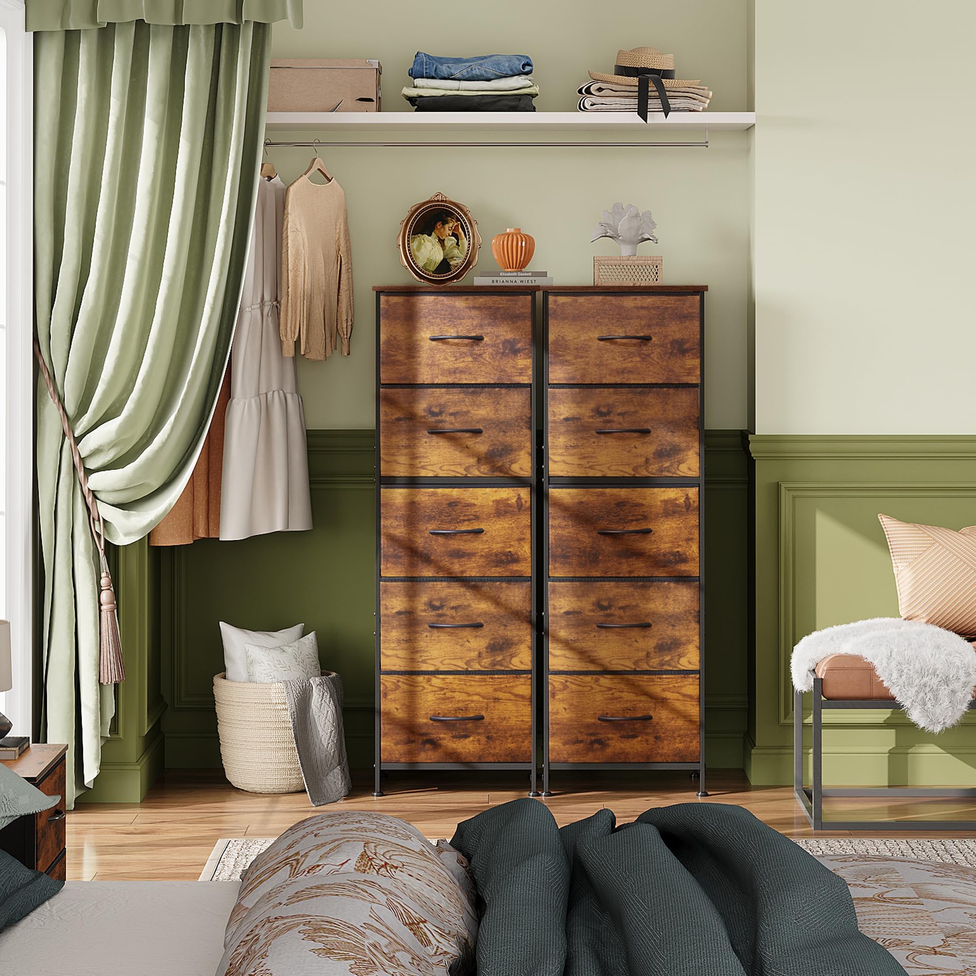WLIVE Fabric Dresser, 5-Drawer Tall Dresser for Bedroom, Storage Organizer with Fabric Bins, Wood Top, Sturdy Steel Frame, Chest of Drawers for Closet, Hallway, Rustic Brown Wood Grain Print