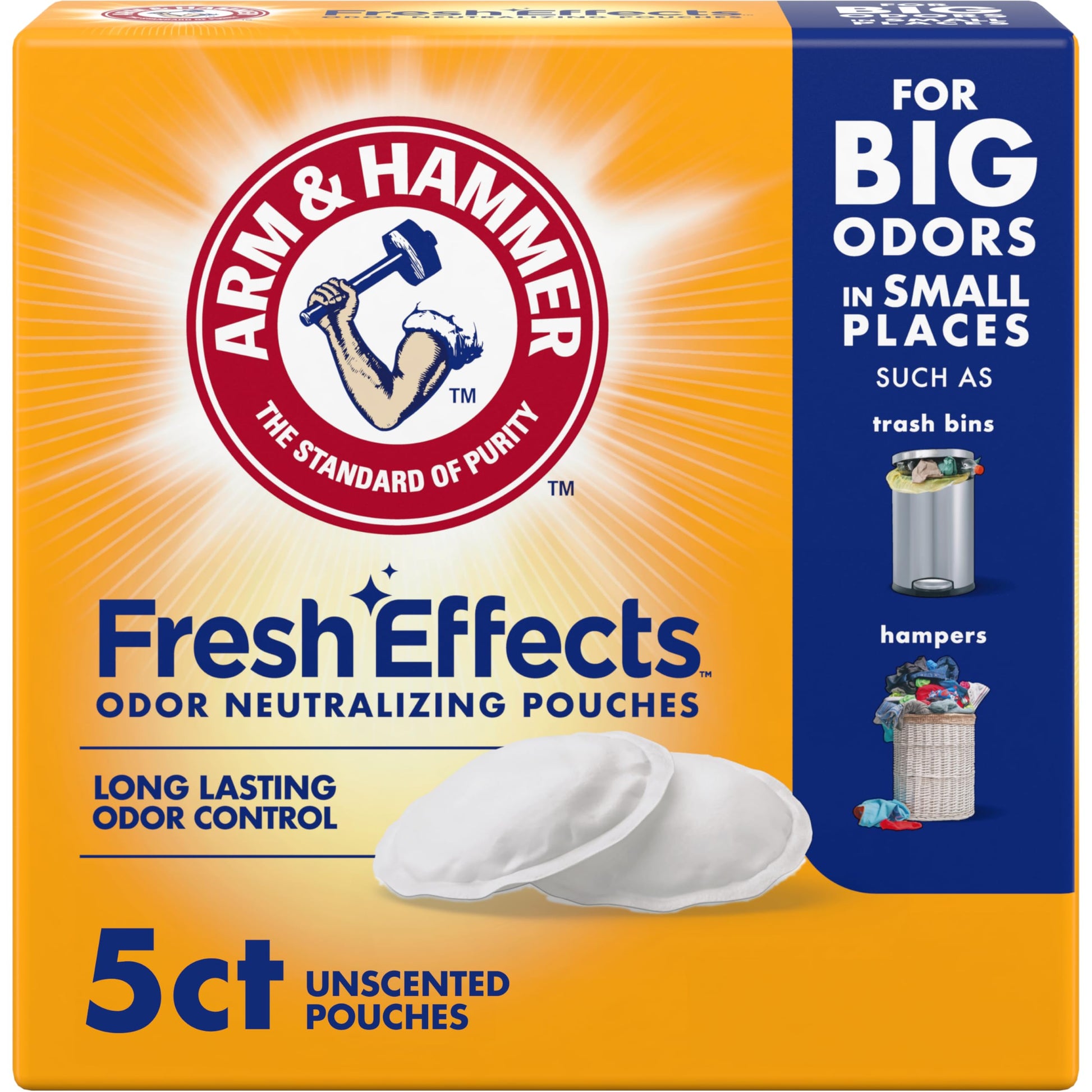 Arm & Hammer Fresh Effects Odor Neutralizing Baking Soda Pouches, Unscented Deodorizer for Long Lasting Freshness in Shoes, Gym Bags, & Small Spaces, 5 count