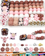 112PCS FIVEIZERO 12mm 15mm Cow Focal Silicone Beads for Keychain Making, Round, Lentil, Hexagonal, Print, 10mm Rhinestone Rondelle Spacers Beads for Bracelet, Pens, Necklace Crafts(Pink Brown)