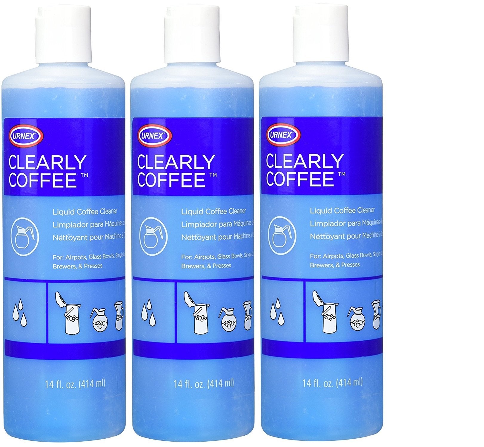 Urnex Clearly Coffee Pot Cleaner - 3 Pack - Made in the USA - French Press Liquid Cleaner for Glass Bowls Airpots Satellite Brewers and Thermal Servers Removes Coffee Oils