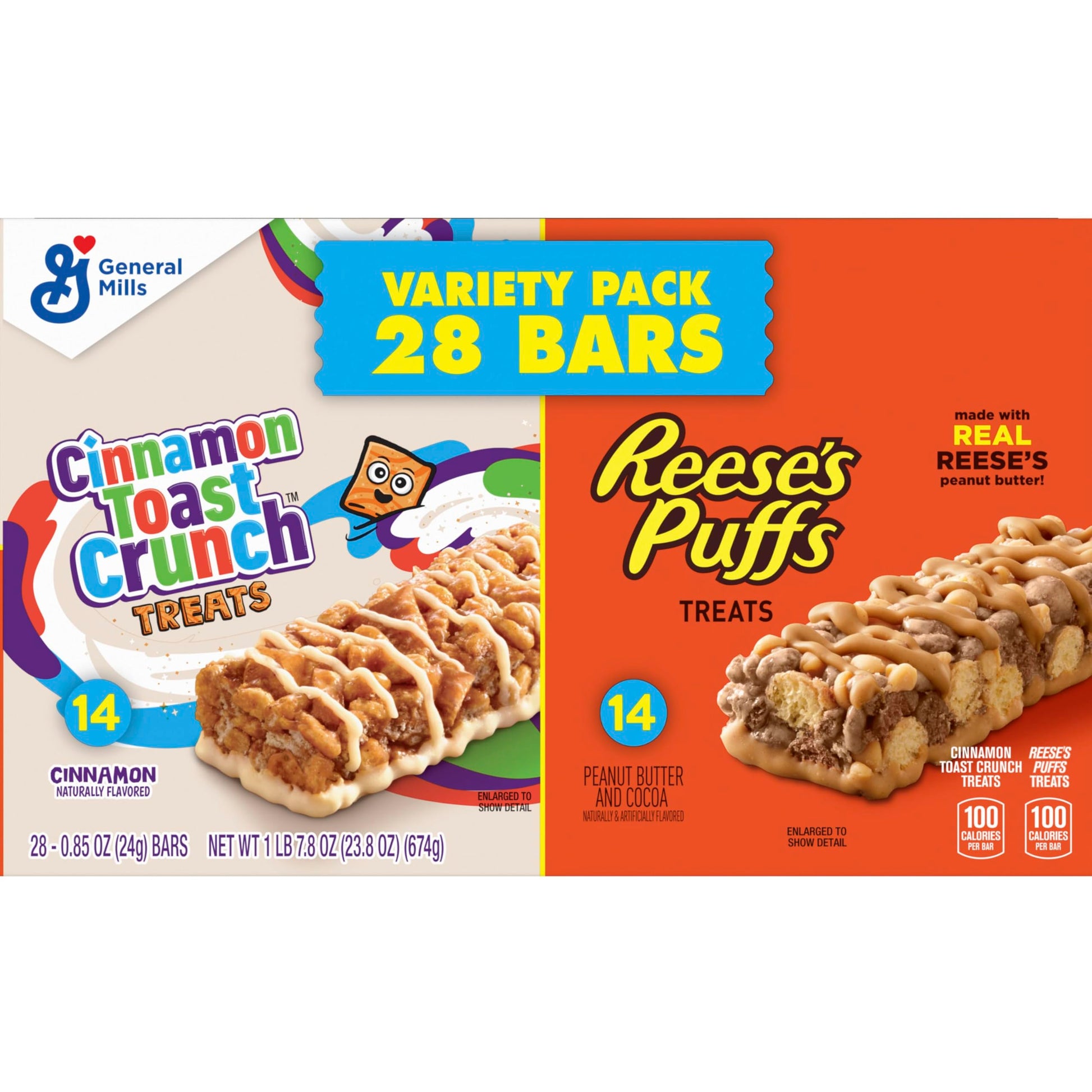 Cinnamon Toast Crunch and REESE'S Puffs Cereal Treat Bars Variety Pack, Snack Bars, 28 Ct, 23.8 oz