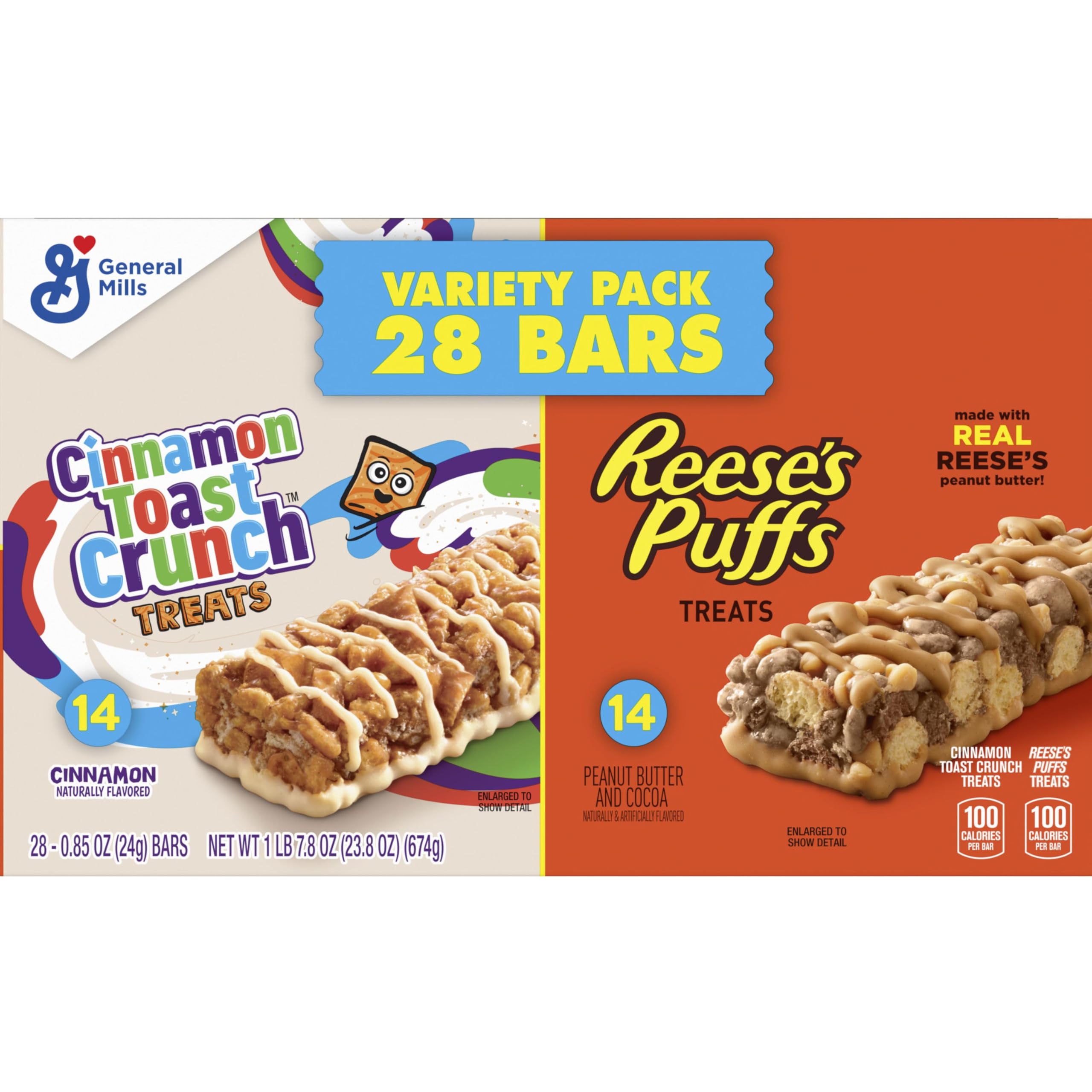 Cinnamon Toast Crunch and REESE'S Puffs Cereal Treat Bars Variety Pack, Snack Bars, 28 Ct, 23.8 oz
