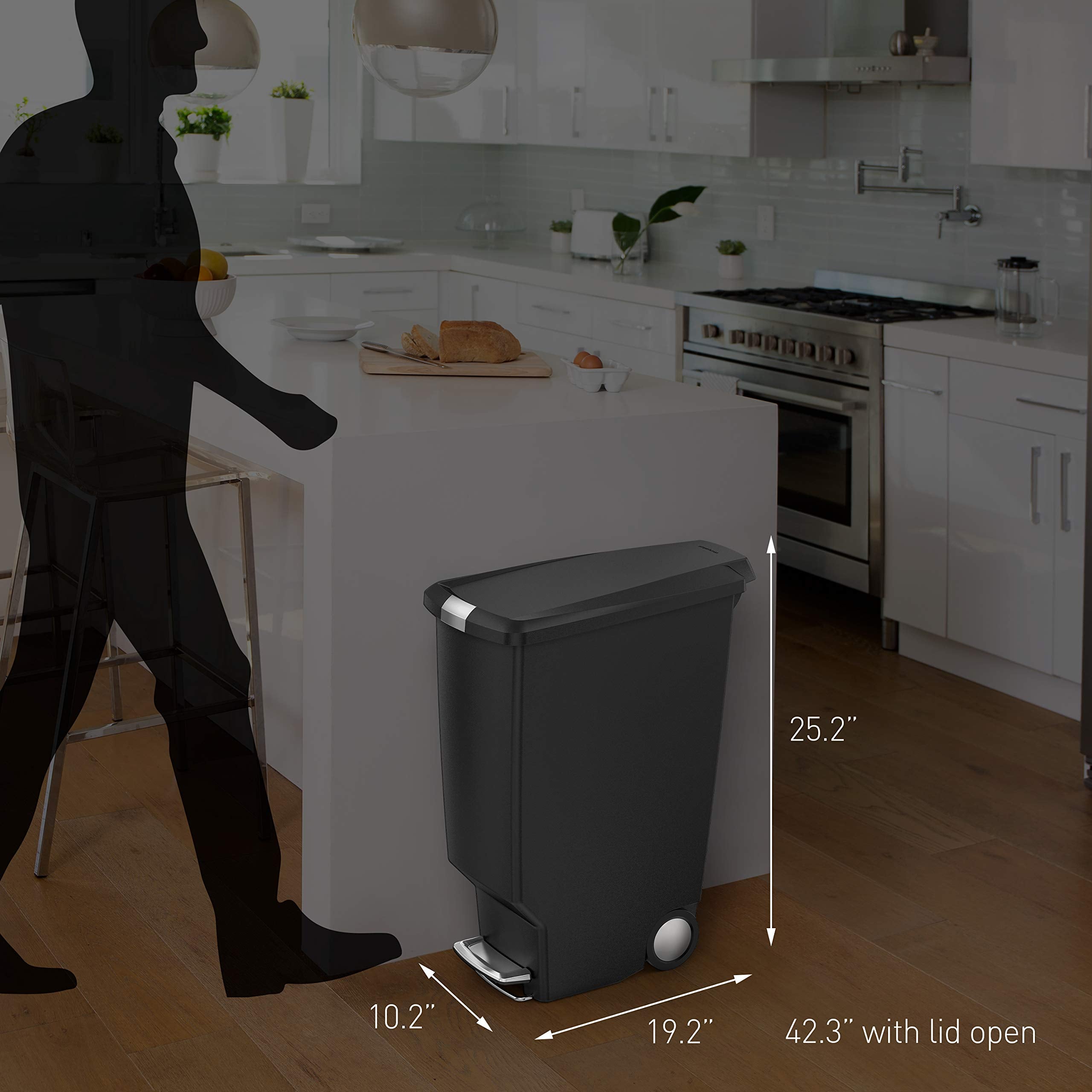 simplehuman 40 Liter / 10.6 Gallon Slim Kitchen Step Trash Can With Secure Slide Lock, Black Plastic