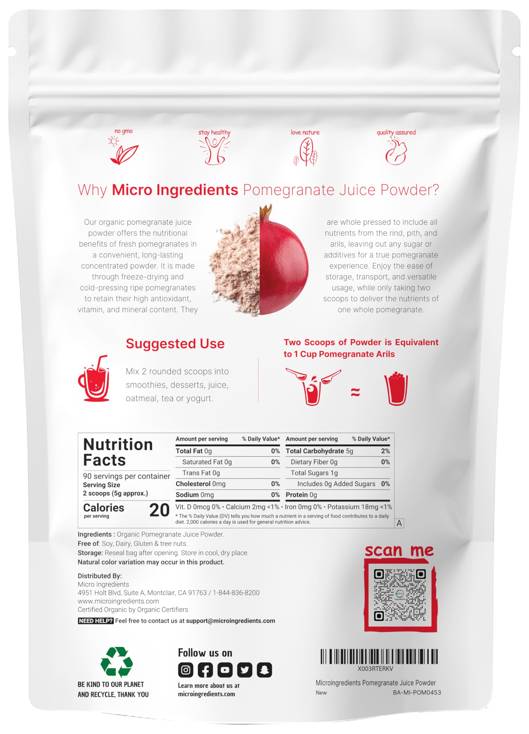 Organic Pomegranate Juice Powder, 1 Pound | 100% Natural Fruit Powder | Freeze Dried & Cold Pressed | No Sugar & Additives | Great Flavor for Drinks, Smoothie, & Beverages | Non-GMO & Vegan Friendly