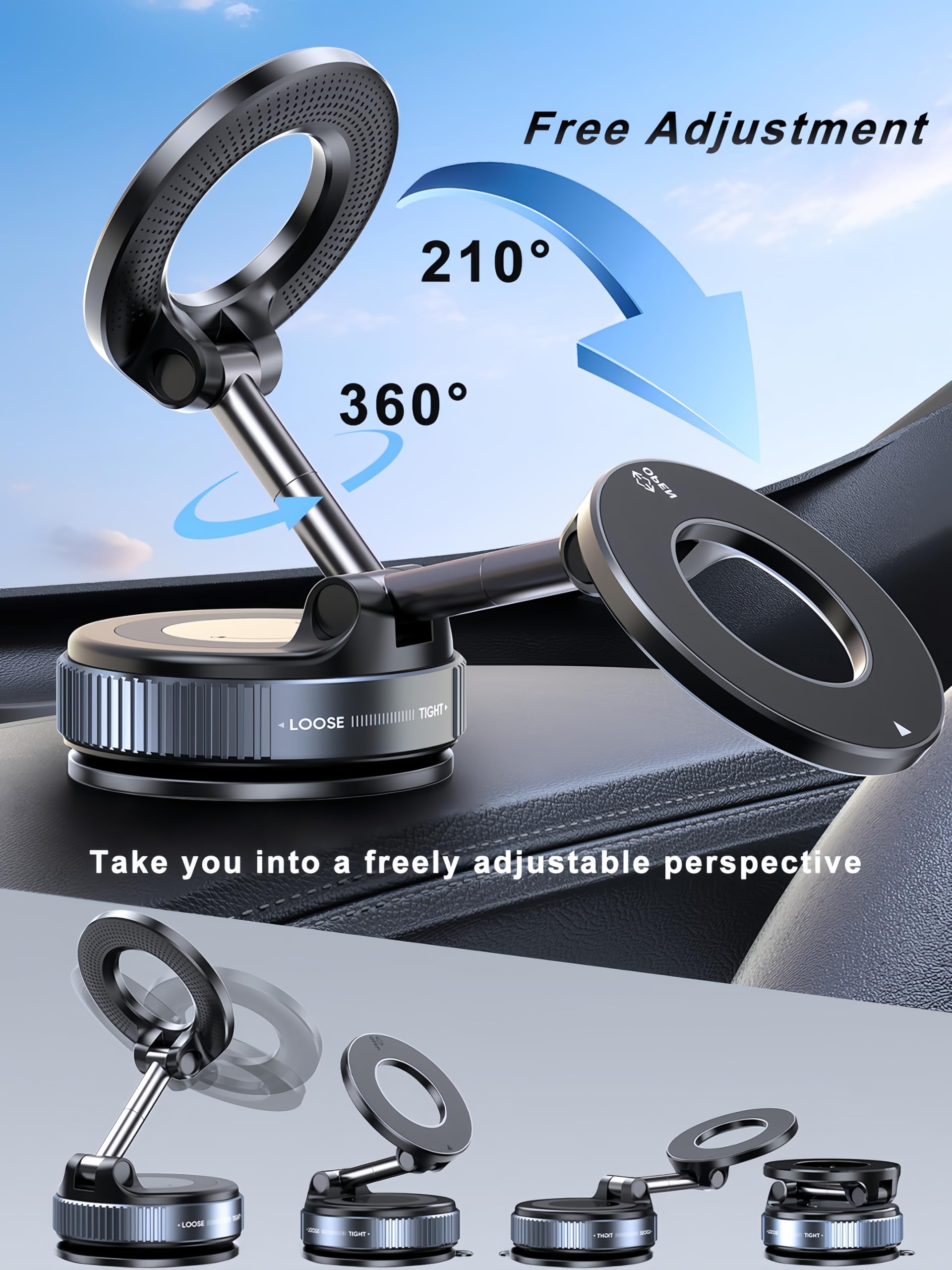 Upgraded 360° Nano Gel Vacuum Magnetic Phone Holder, Car Phone Holder for Magsafe[108+LBS Strongest Suction & 3000gf Strongest Magnetic], Suction Cup Phone Mount for Car/for iPhone 16 Pro Max