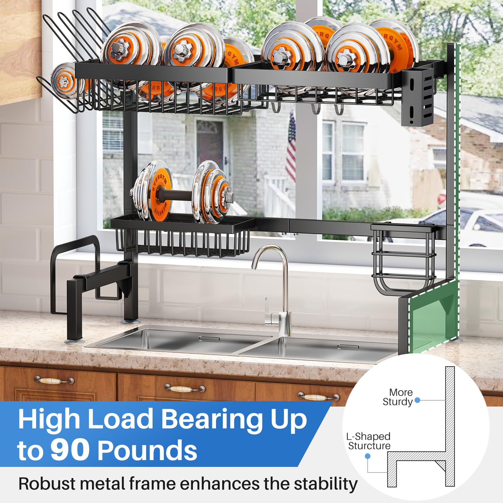 Over The Sink Dish Drying Rack - Adjustable Dish Rack for Kitchen Counter, Metal (Black)