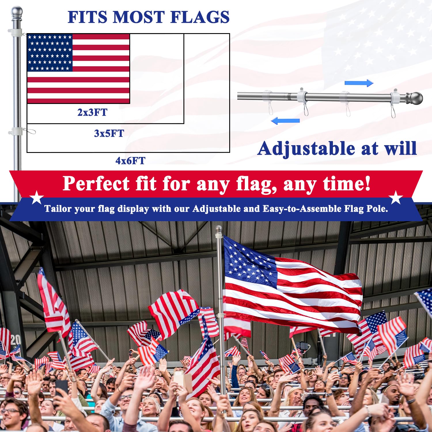 PHITRIC Flag Pole, Tangle Free Spinning Stainless Steel Rustproof Flagpole for 3x5 Sports Fan Outdoor Flags for Outside House (Silver, 5FT, Without Bracket)