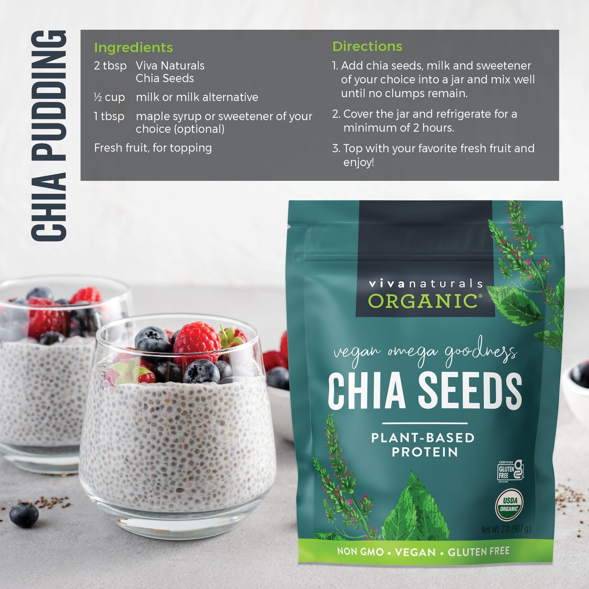 Viva Naturals Organic Chia Seeds 2 LBs - Plant-Based Omega-3 and Vegan Protein, Non-GMO Chia Seeds Organic Perfect for Smoothies, Salads and Chia Seed Pudding, Black Chia Seeds Bulk