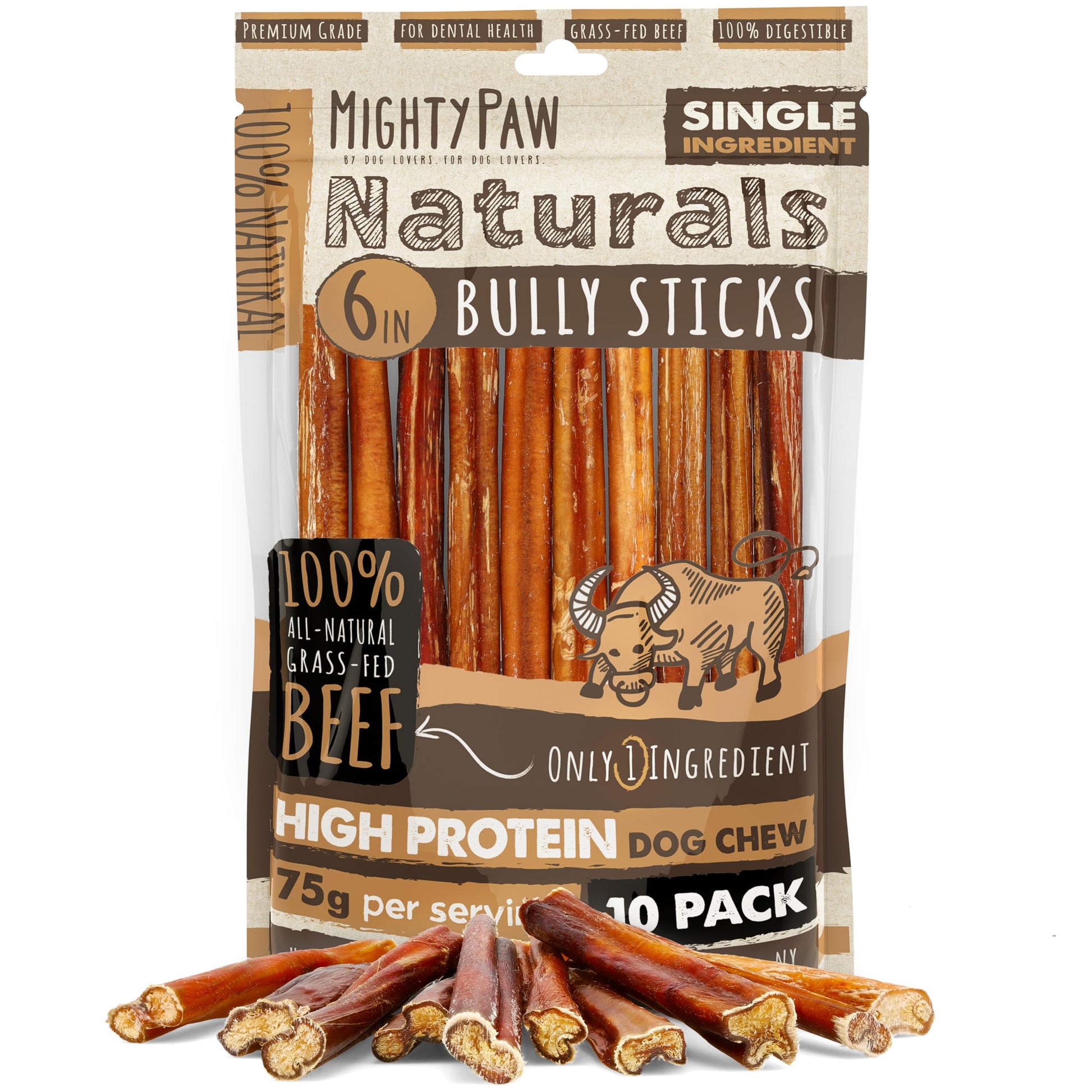 Mighty Paw Naturals 12" Bully Sticks for Dogs - Grass Fed Beef Dog Chews. Dog Bully Sticks for Large Dogs, Medium and Small Breeds. Lower Odor Bully Sticks for Small Dogs. Single Ingredient