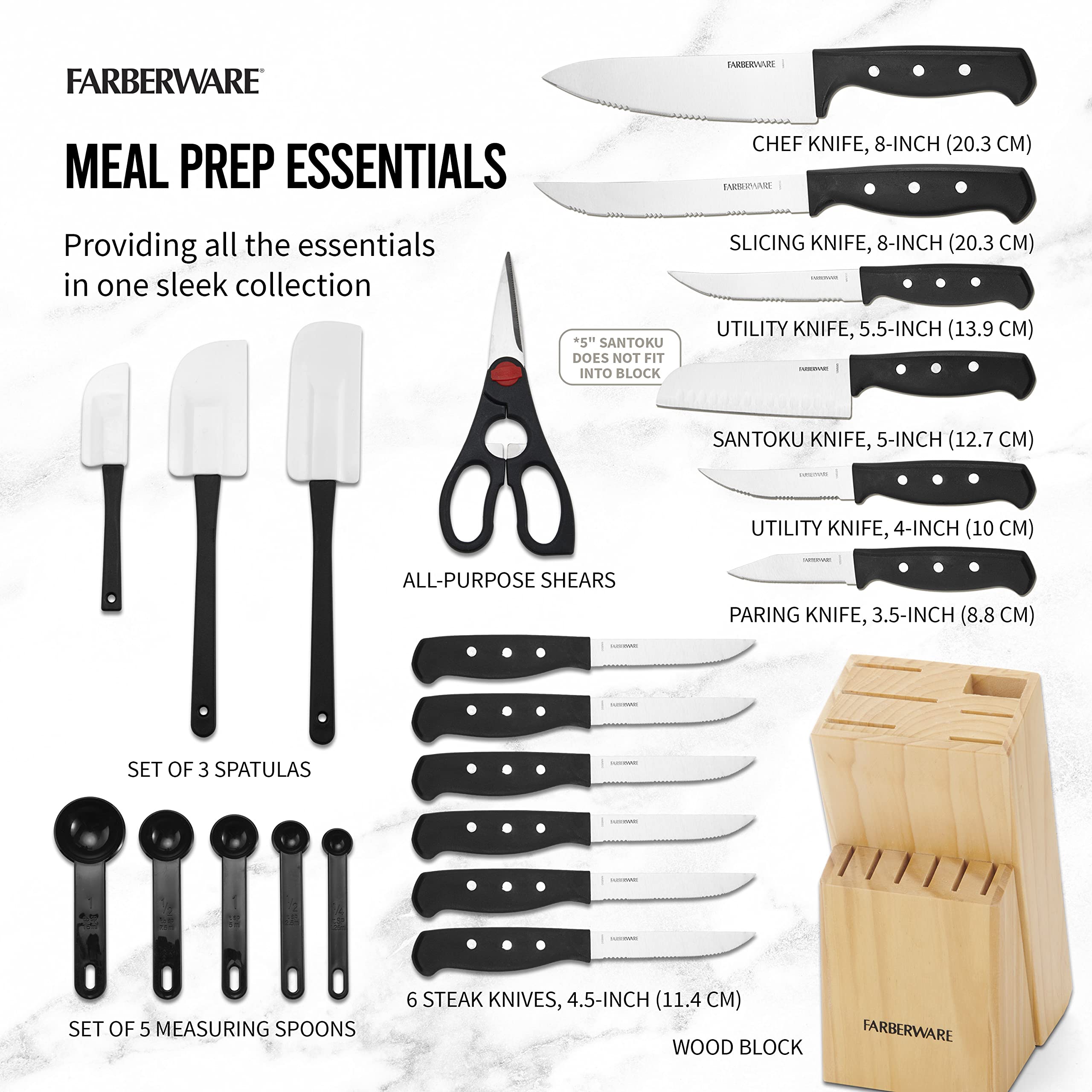 Farberware 22-Piece Never Needs Sharpening Triple Rivet High-Carbon Stainless Steel Knife Block and Kitchen Tool Set, Black, Durable ANDPrecision Cutlery