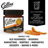 Collins Candied Fruit Orange Peel Twist in Syrup - Popular Cocktail Garnish for Skinny Margarita, Martini, Mojito, Old Fashioned Drinks, Peel for Baking, 10.9oz.