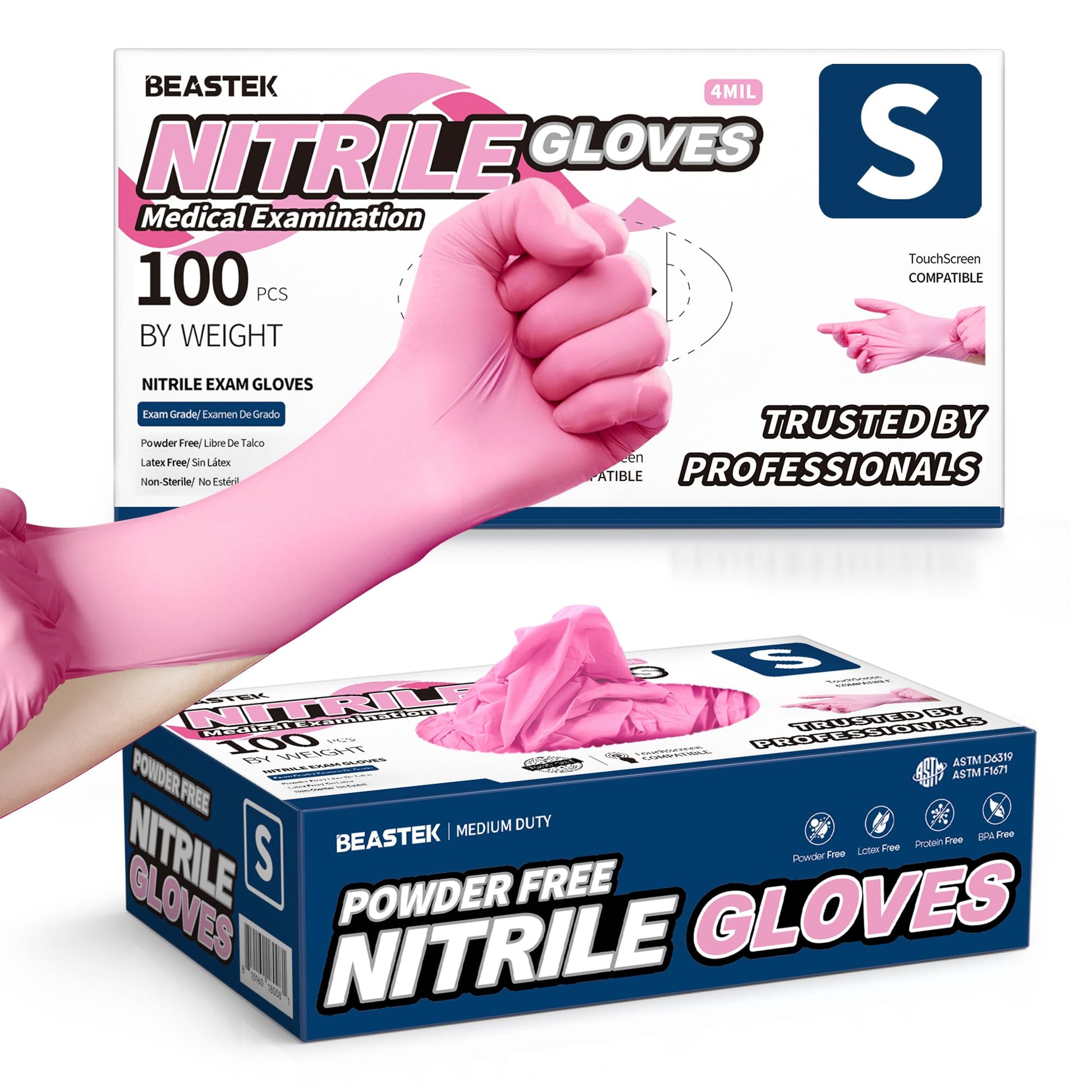 Beastek Nitrile Disposable Gloves, 4 mil Pink Powder-Free Latex-Free Medical Food Grade Cleaning Esthetician Glove, 100 Pcs (Large)