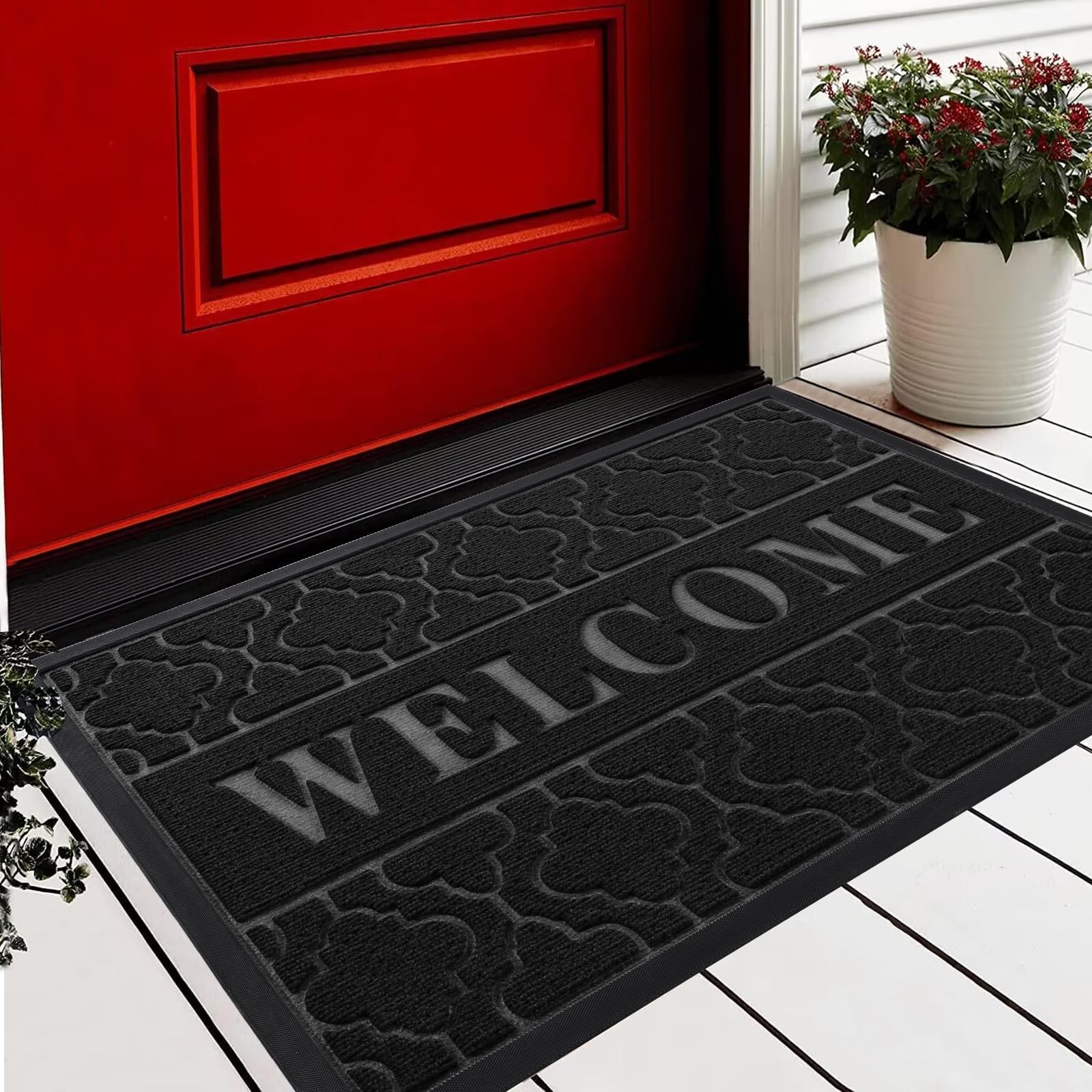 Yimobra Welcome Mat Outdoor Indoor 29.5x17, All-Weather Waterproof Front Door Mat Outside Entrance, Non-Slip Low Profile Porch Patio Doormat, Black