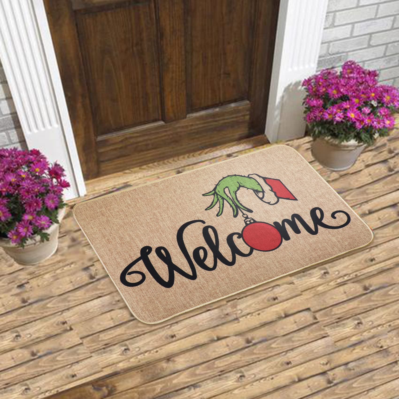 Erweicet Christmas Door Mat Xmas Welcome Christmas Mat Non-Slip and Washable Winter Doormat Rubber Back Snowflakes Door Mat Rugs for Indoor Outdoor(Green Hand Pattern)