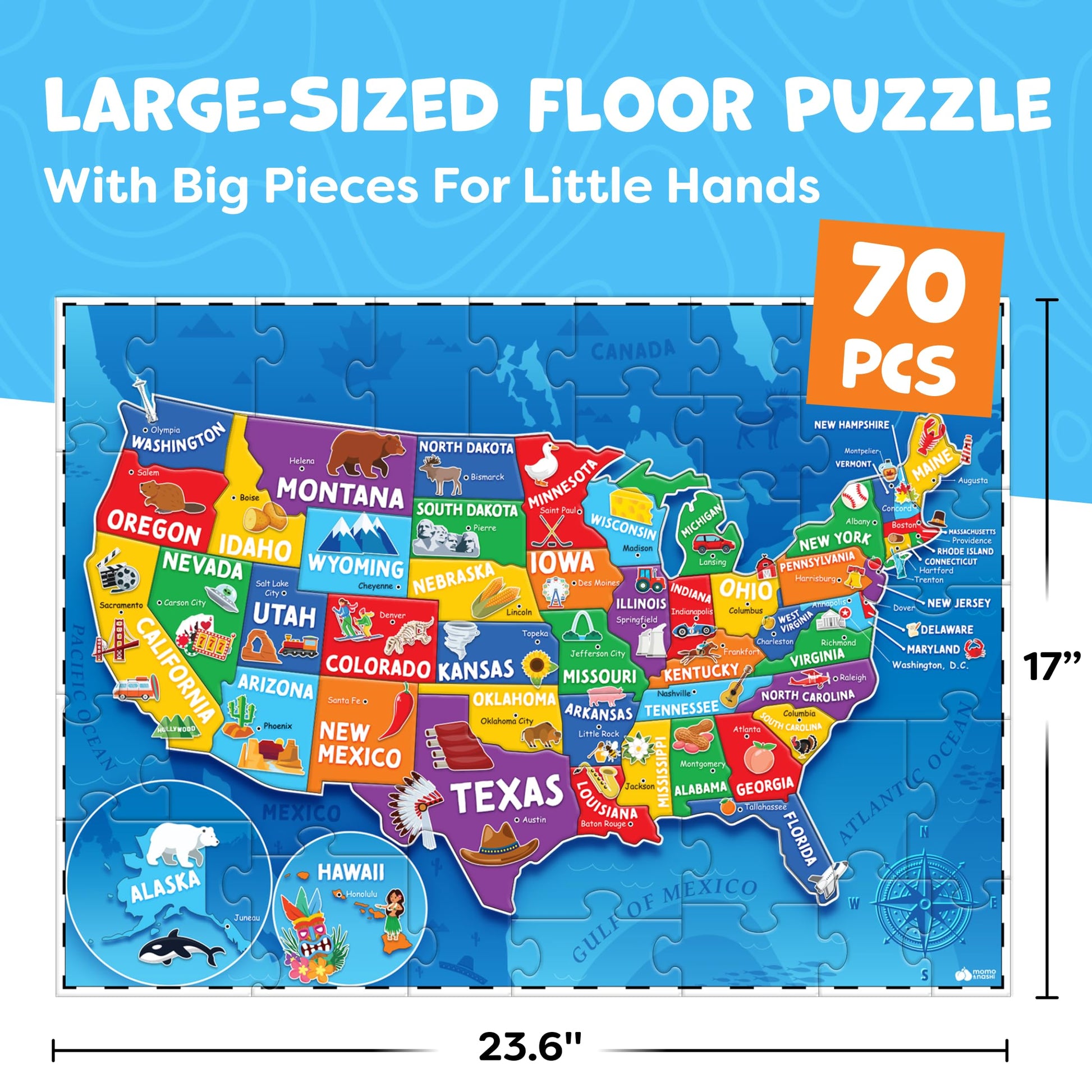 United States Puzzles for Kids Ages 4-6 - Educational Toys for Boys & Girls - 70Pcs USA Map Kids Puzzle with 50 States & Capitals - Floor Jigsaw Puzzles - Fun Learning Activities & Gifts for Children