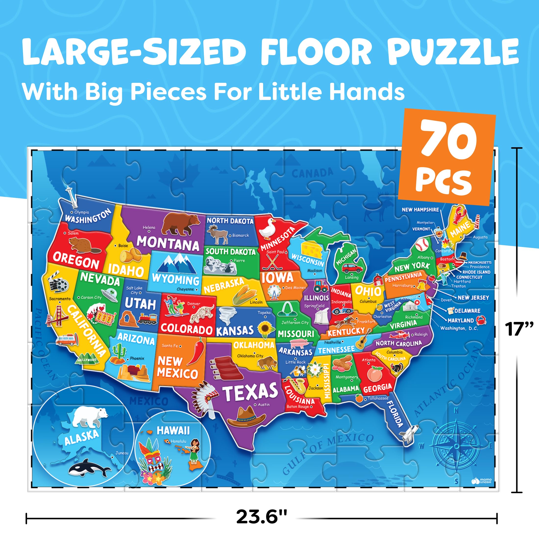 United States Puzzles for Kids Ages 4-6 - Educational Toys for Boys & Girls - 70Pcs USA Map Kids Puzzle with 50 States & Capitals - Floor Jigsaw Puzzles - Fun Learning Activities & Gifts for Children