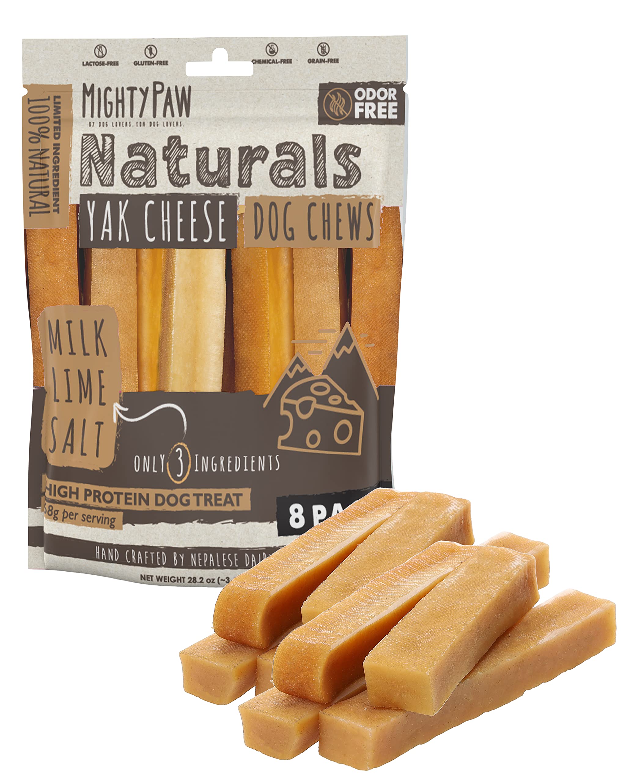 Mighty Paw Yak Cheese Dog Chews - All-Natural Treats for Dogs - High Protein Treat With 68 Grams Of Protein Per Chew - Delicious And Long Lasting - Odor Free With Limited Ingredients - (Large, 4 Pack)